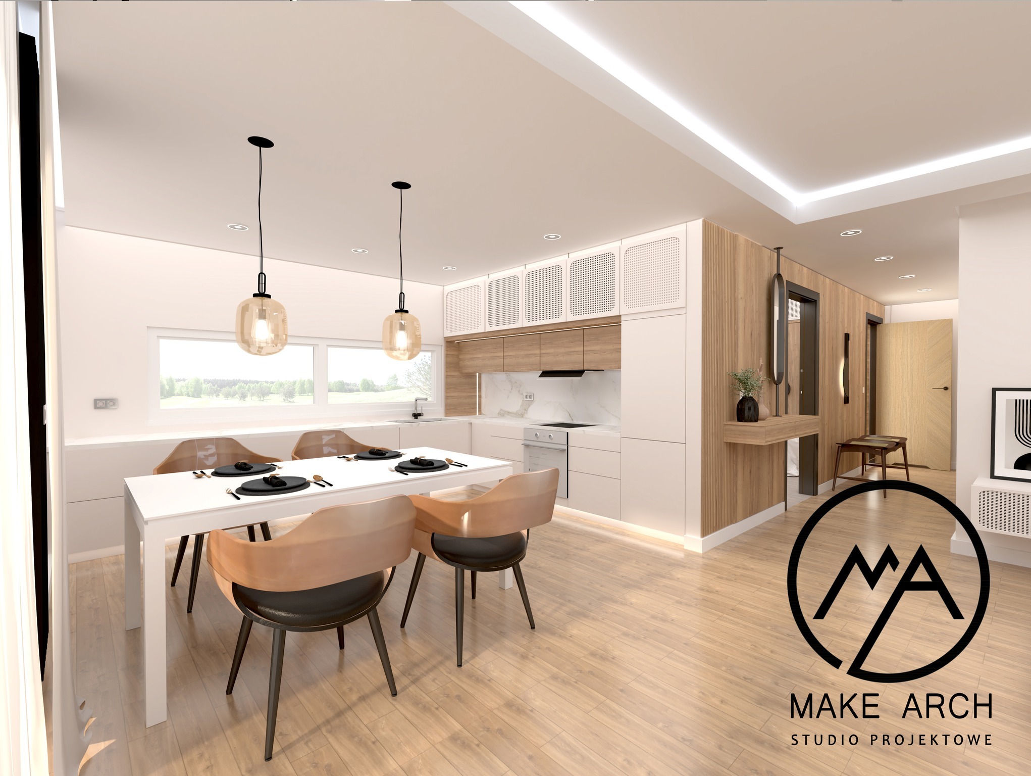 Wizualizacja wnętrza mieszkania z jadalnią i kuchnią w odcieniach bieli, szarości i drewna, z elementami inspirowanymi stylem japońskim, widoczne logo firmy projektowej w prawym dolnym rogu.