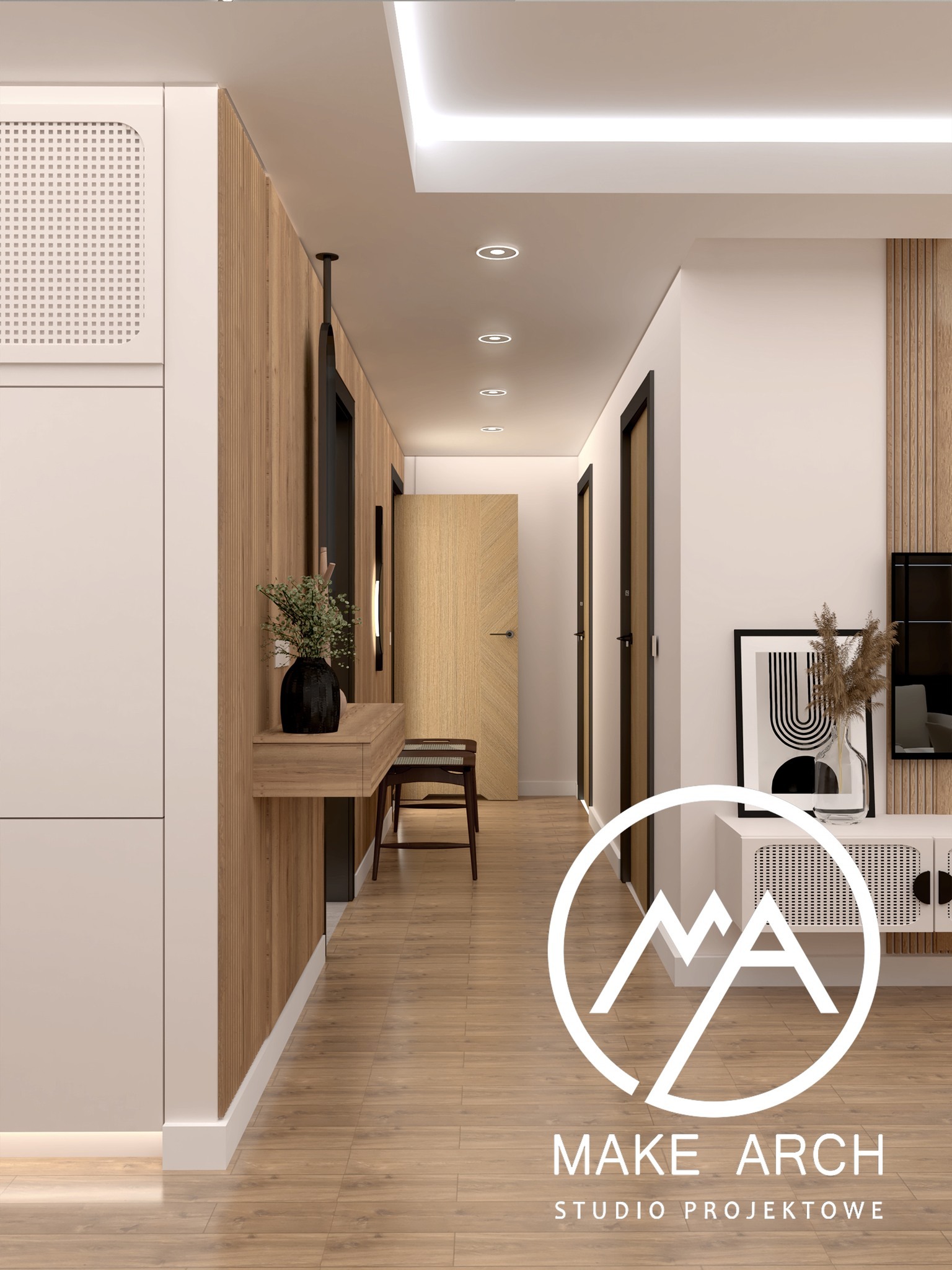 Wizualizacja przedpokoju z drewnianymi panelami ściennymi, konsolą z czarnym wazonem i minimalistycznym siedziskiem, oświetleniem LED w suficie i logo studia projektowego na pierwszym planie.