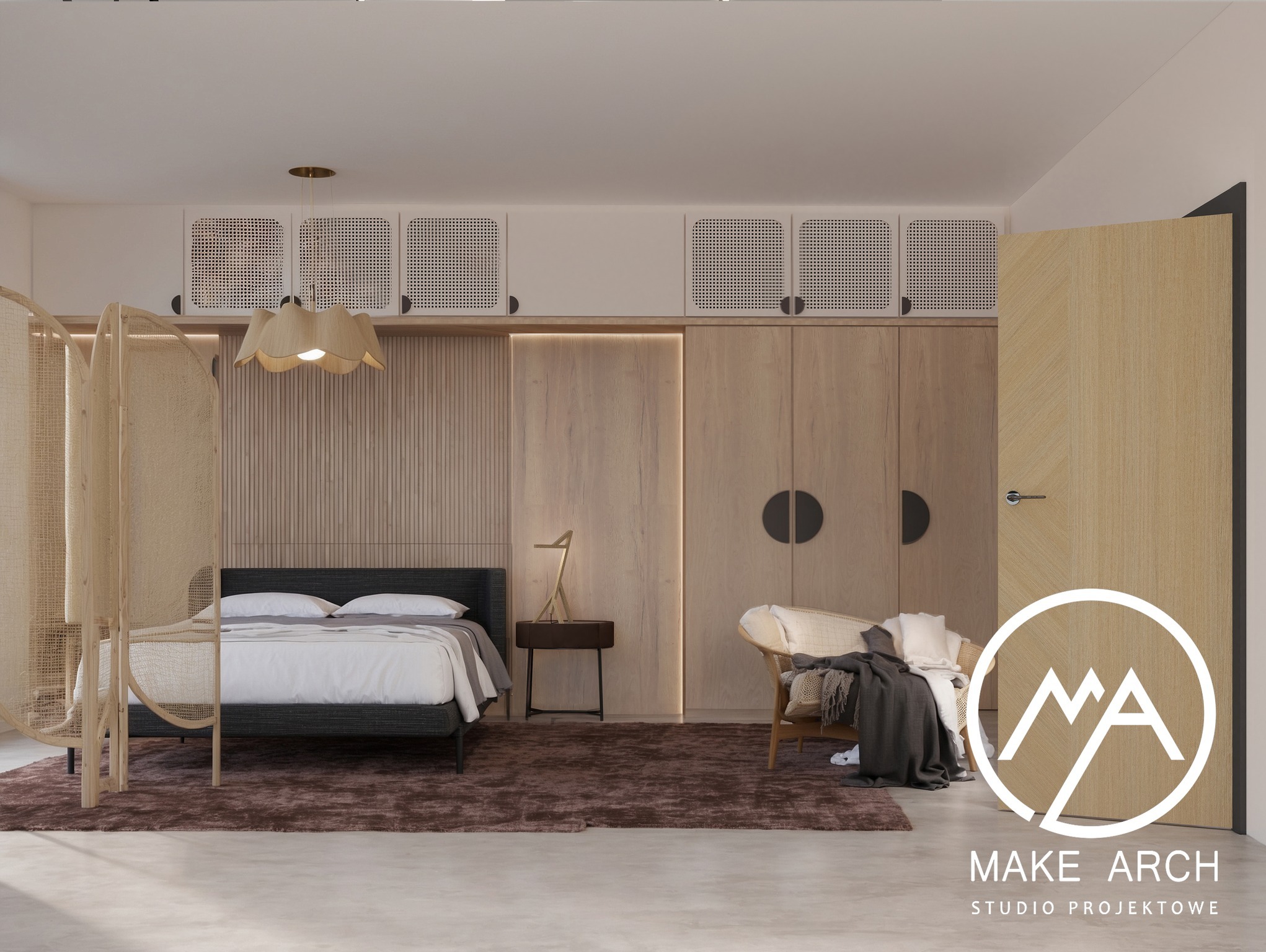 Wizualizacja sypialni w neutralnych barwach z drewnianymi elementami, rattanowymi detalami i minimalistycznym oświetleniem, uzupełniona o logo studia projektowego na pierwszym planie.