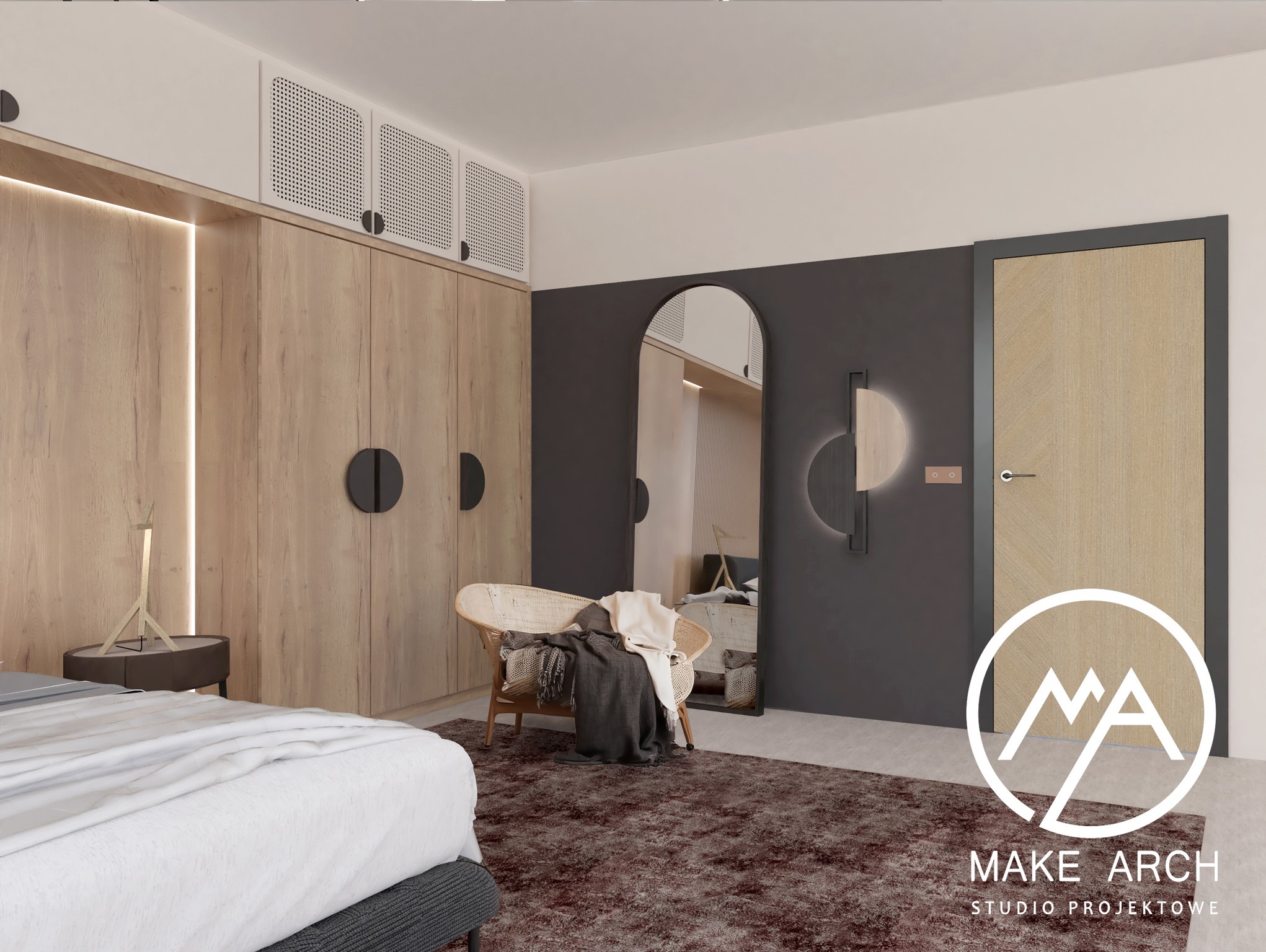 Wizualizacja sypialni z drewnianą zabudową szafy z podświetleniem LED, rattanowym fotelem, lustrem w kształcie łuku i ciemnoszarym akcentem na ścianie.
