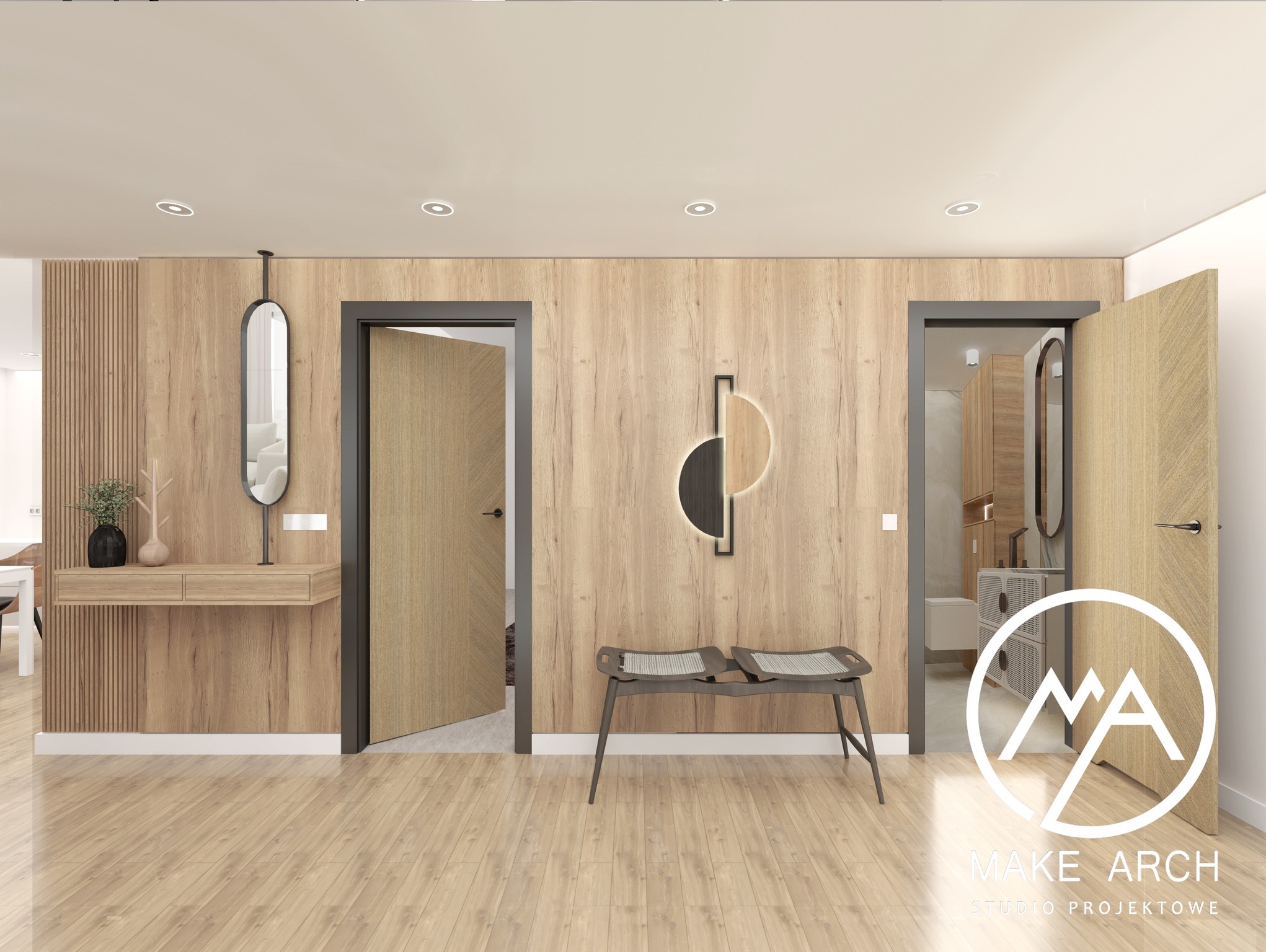 Wizualizacja przedpokoju z drewnianą boazerią, konsolą z lustrem, ławką i dwoma parami drzwi z ciemnymi framugami, jedna para drzwi jest otwarta, w prawym dolnym rogu widoczne logo firmy projektowej.