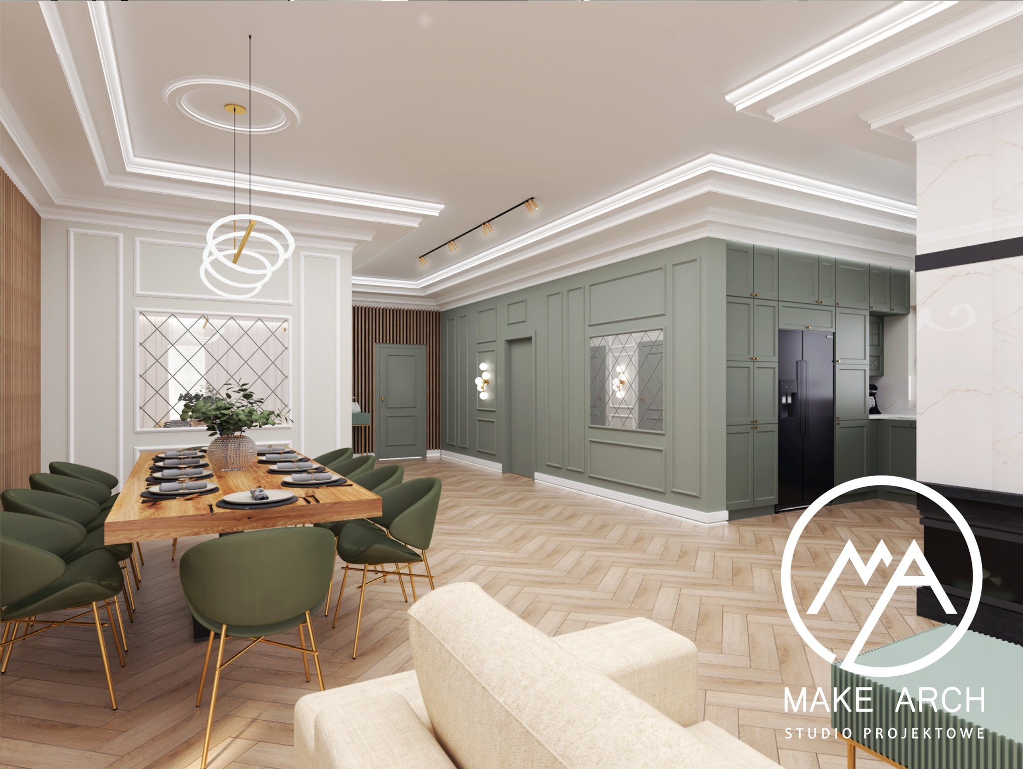 Wizualizacja przestronnego wnętrza z drewnianym stołem, zielonymi krzesłami i parkietem w jodełkę. W tle zabudowa kuchenna w odcieniach zieleni i nowoczesne oświetlenie sufitowe. W prawym dolnym...
