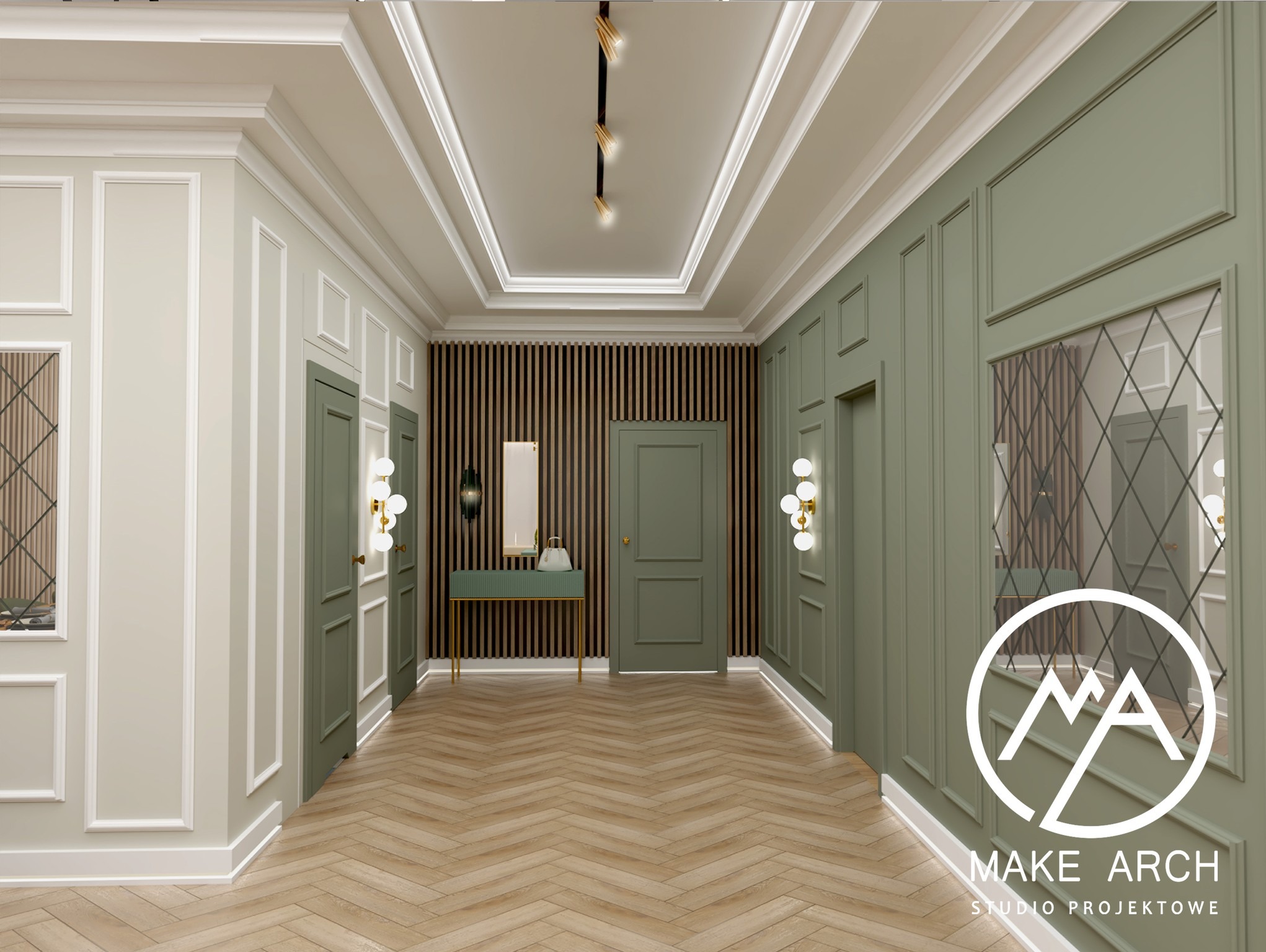 Wizualizacja eleganckiego holu z panelami ściennymi w odcieniach zieleni i beżu, parkiet w jodełkę, oświetlenie punktowe i dekoracyjne lustra. Na ścianie widoczne logo studia projektowego.