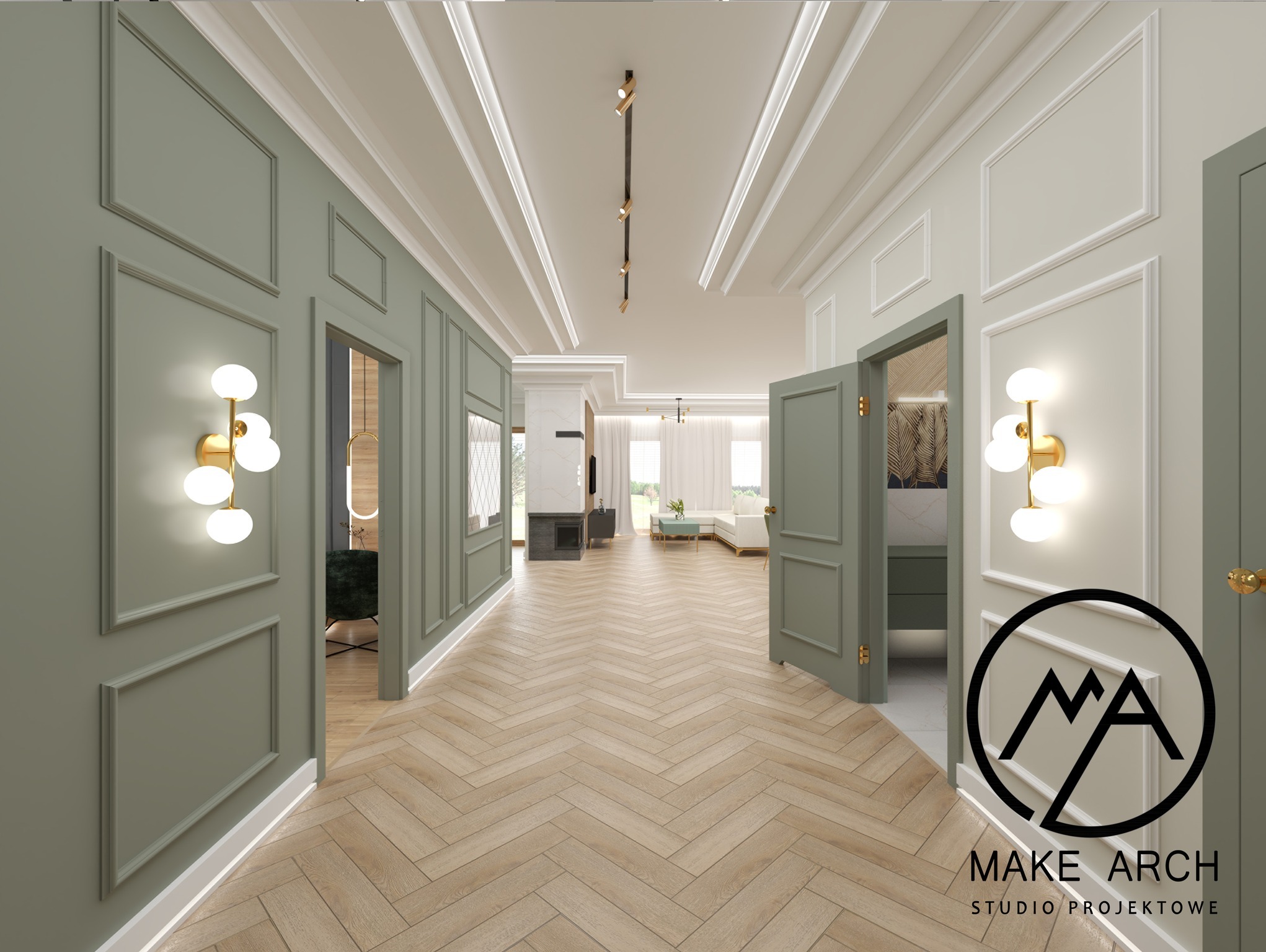 Korytarz w odcieniach zieleni i bieli z parkietem w jodełkę, oświetlony kulistymi lampami ściennymi i podłużną lampą sufitową, z widokiem na salon z sofą i kominkiem.