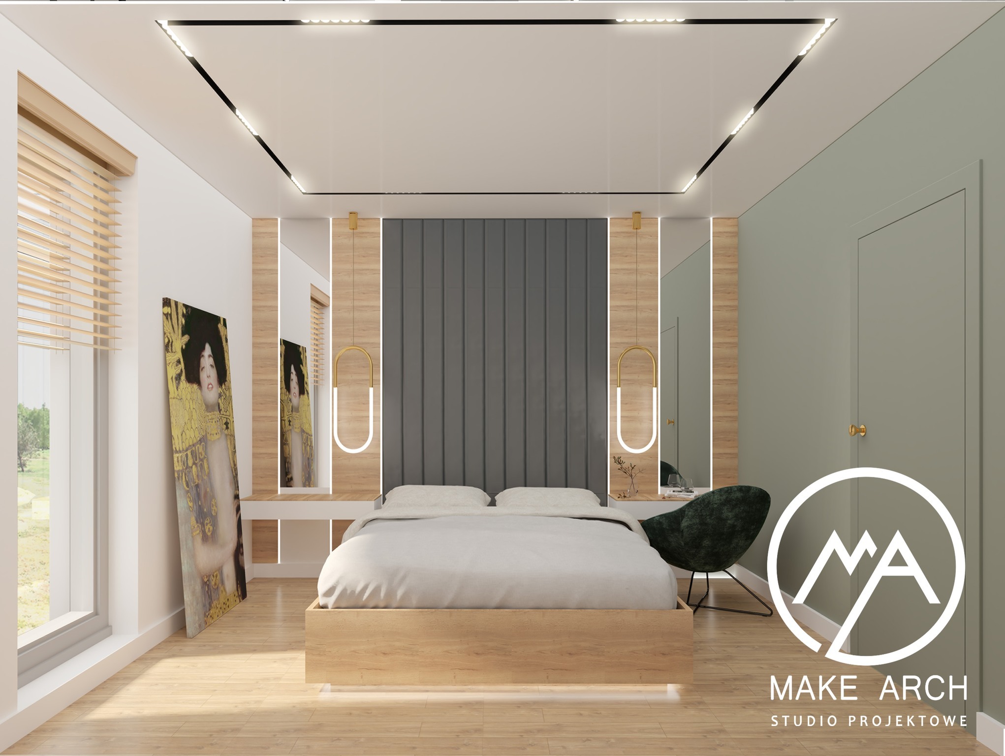 Wizualizacja sypialni z łóżkiem na drewnianej platformie, szarą tapicerowaną ścianą, złotymi lampami, lustrami po bokach i obrazem Gustava Klimta opartym o ścianę. Sufit podwieszany z oświetleniem...