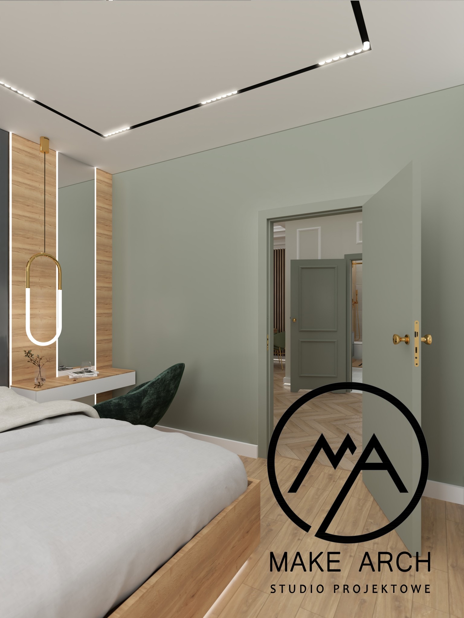 Wizualizacja sypialni w odcieniach zieleni i drewna, z toaletką, oświetleniem LED i widokiem na łazienkę, prezentująca logo studia projektowego na pierwszym planie.