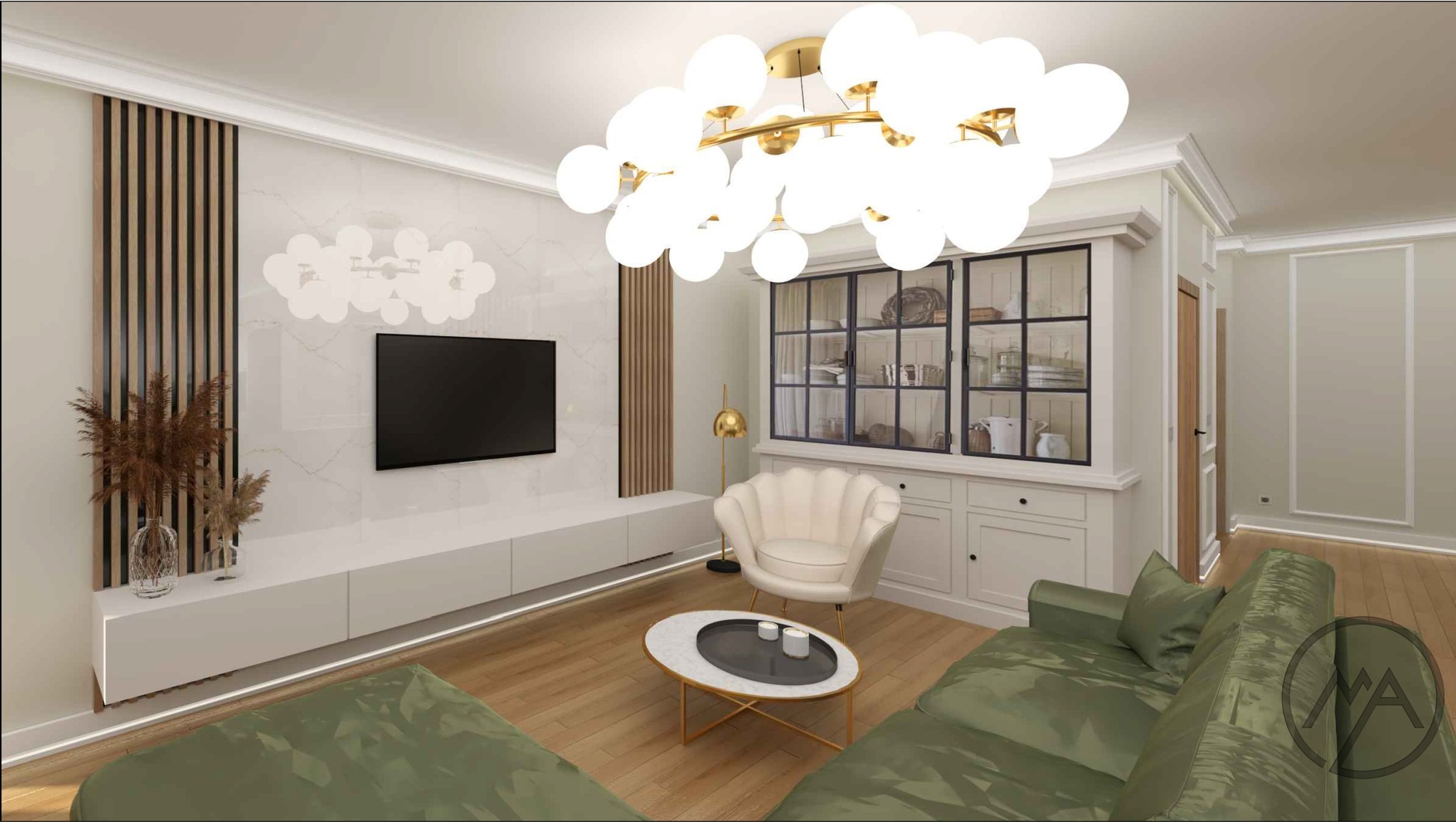 Wizualizacja salonu z zieloną sofą, białą szafką z przeszkleniami, marmurową ścianą z telewizorem i dekoracyjnym oświetleniem w stylu glamour.