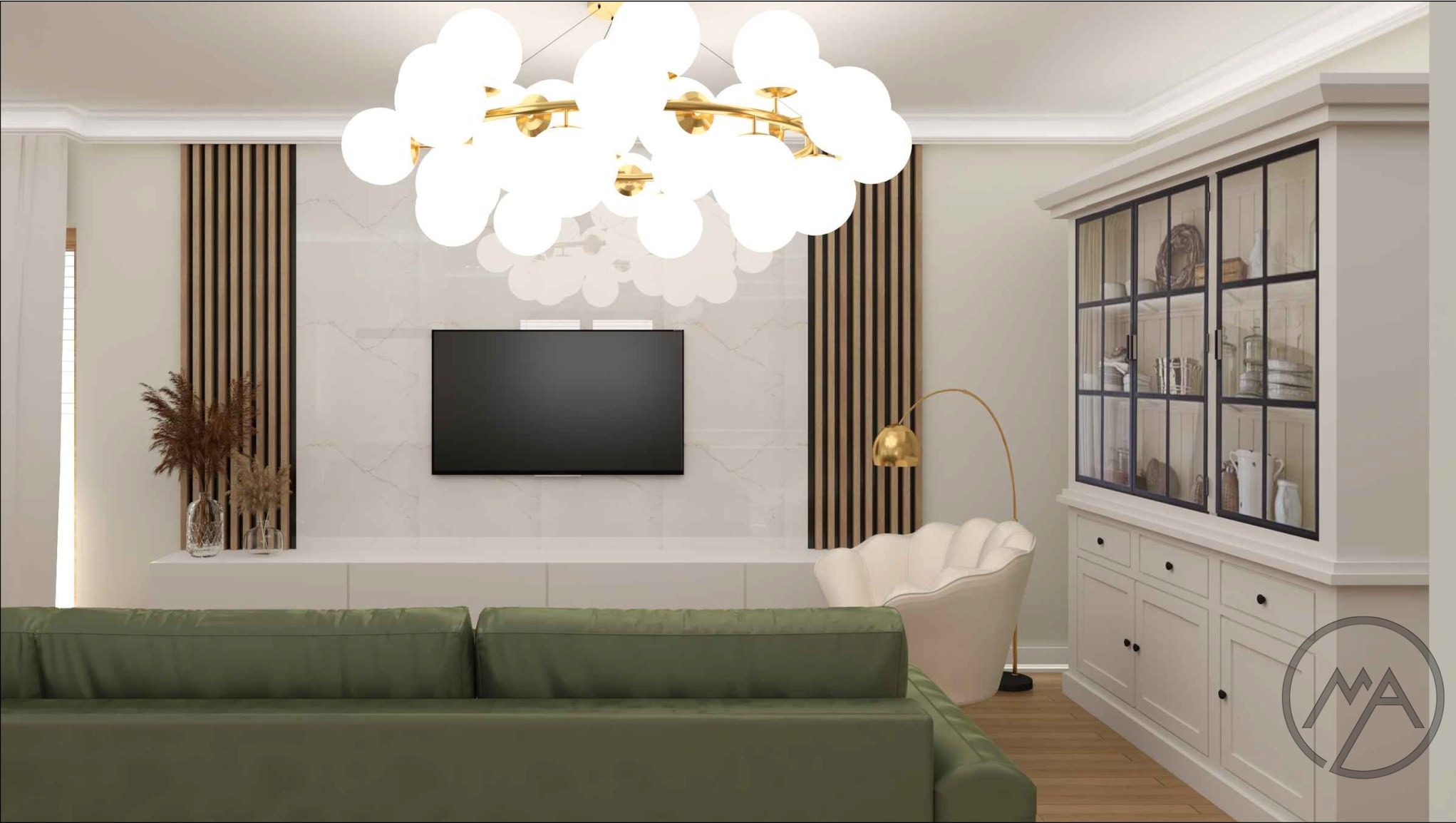 Wizualizacja salonu w Zielonej Górze: zielona sofa, biała ściana z marmurowym wzorem, telewizor, dekoracyjne lamele, nowoczesna lampa sufitowa, przeszklona witryna i złota lampa podłogowa.