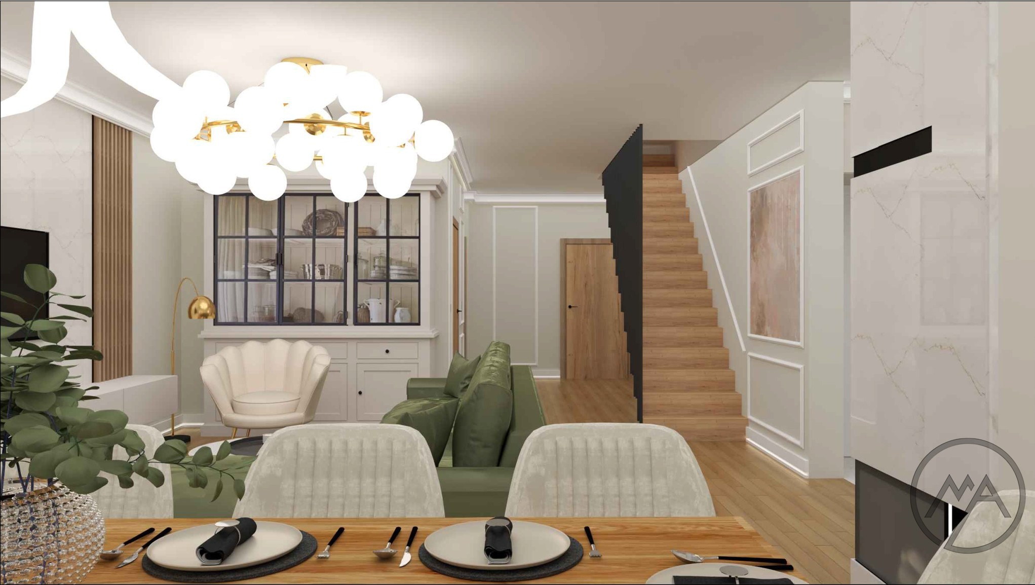 Wizualizacja wnętrza domu: jadalnia z drewnianym stołem i nakryciem, salon z zieloną sofą, schody z drewnianymi stopniami, dekoracyjna lampa sufitowa i przeszklona witryna.