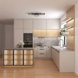 MEBLEZPACZKI.PL PROSTA SPÓŁKA AKCYJNA - Nowoczesna kuchnia z wyspą oświetloną LED, jasne fronty szafek, drewniane akcenty i marmurowy backsplash. Minimalistyczny design z roślinami na półkach.