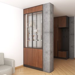 MEBLEZPACZKI.PL PROSTA SPÓŁKA AKCYJNA - Nowoczesna szafa wnękowa z przeszkloną witryną, drewno i beton, oświetlenie LED. Aranżacja wnętrza w Cieszynie. Minimalistyczny design, trofea w gablocie.