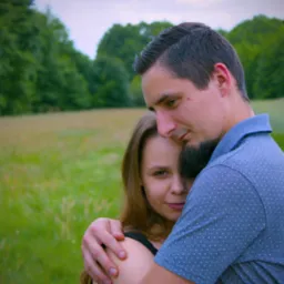 Młoda para obejmuje się na łące, mężczyzna w niebieskiej koszuli w kropki, kobieta z długimi włosami patrzy w obiektyw.