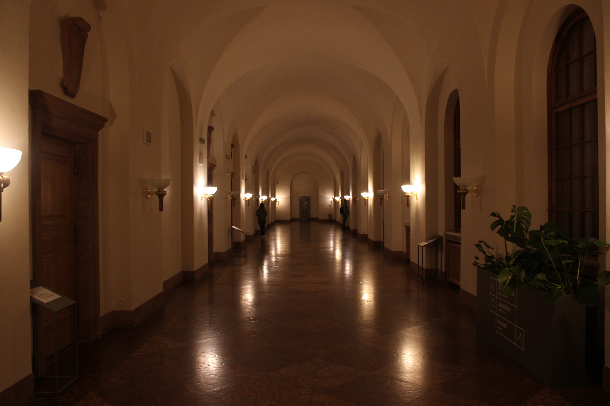 Długi, korytarz w budynku z łukowym sufitem, oświetlony kinkietami, z rośliną w donicy po prawej stronie, odbicie światła w wypolerowanej podłodze.