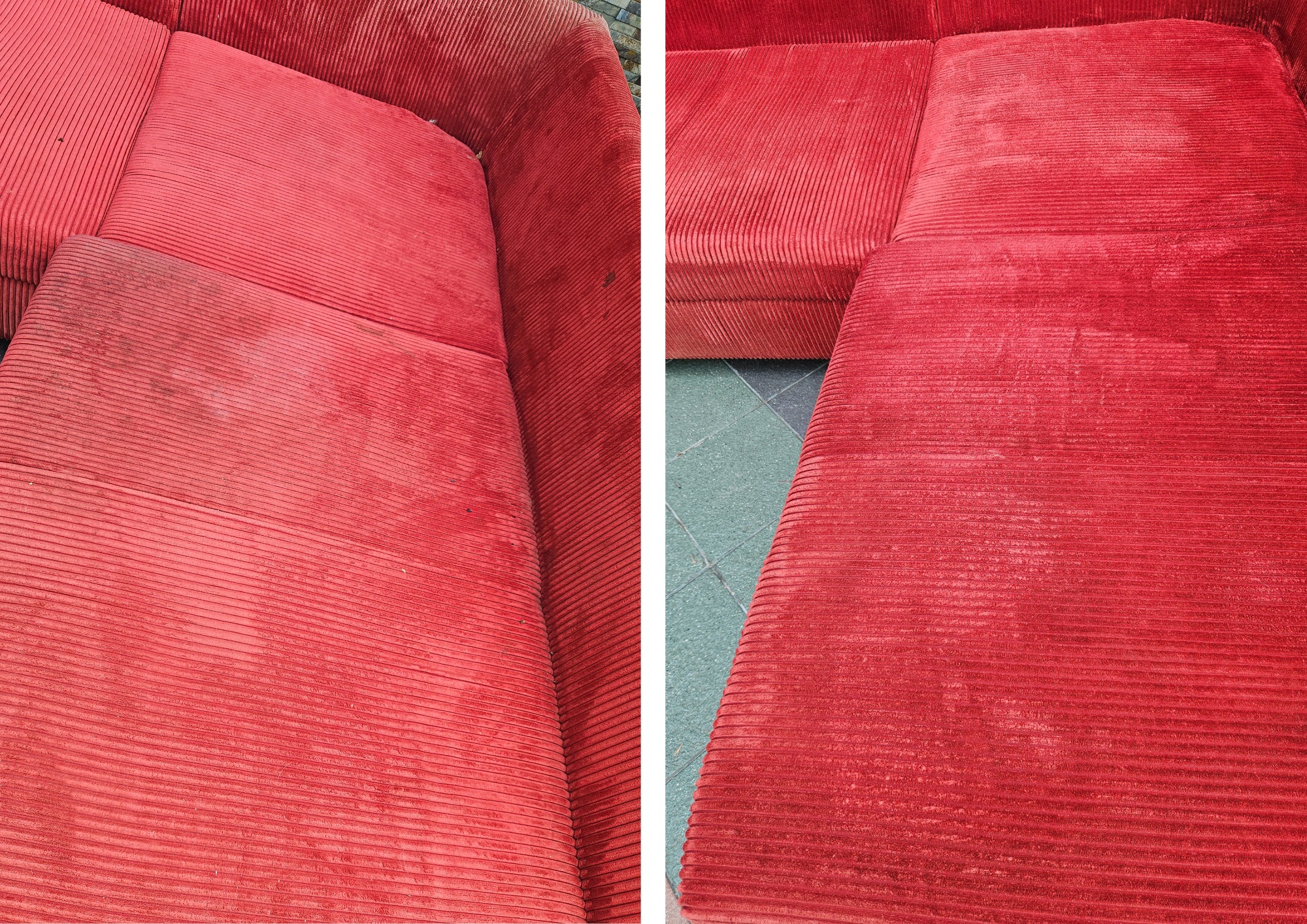 Porównanie: Fragment czerwonej, pranej kanapy z tkaniny sztruksowej - po lewej stronie widoczne zabrudzenia przed czyszczeniem, po prawej efekt po praniu.
