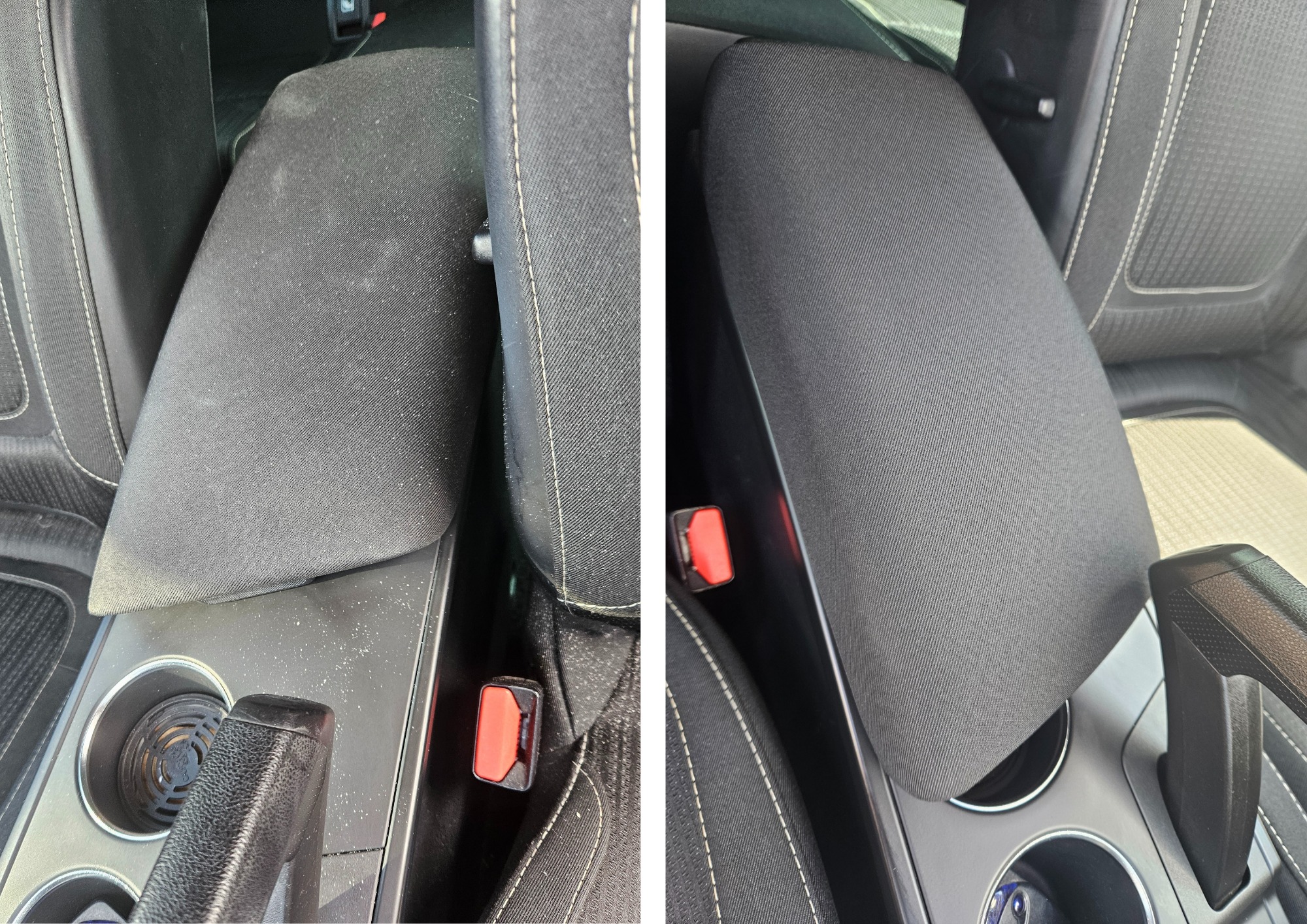 Porównanie: Podłokietnik samochodowy przed i po czyszczeniu, widoczne wyraźne różnice w czystości tapicerki i konsoli środkowej.