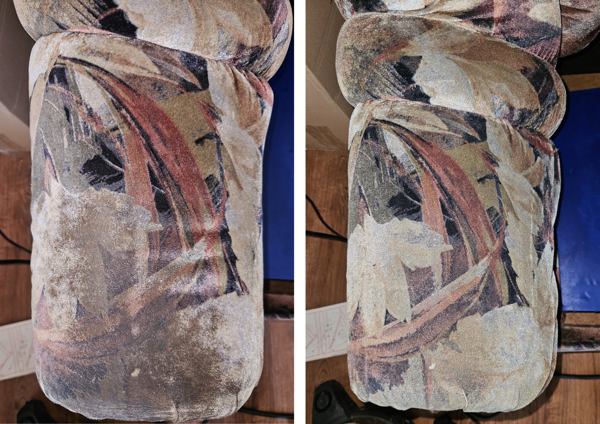 Dwa fragmenty fotela z wzorzystą, brązowo-beżową tapicerką przed czyszczeniem, widoczne plamy i zabrudzenia na materiale.