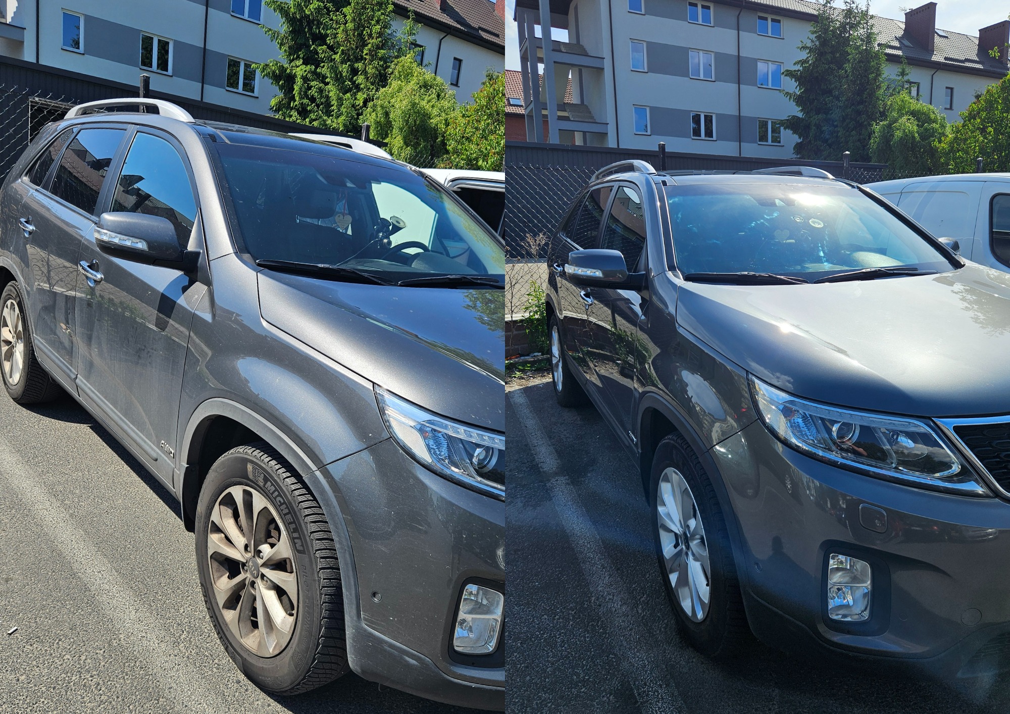 Dwa ujęcia tego samego szarego SUV-a Kia Sorento: po lewej brudny, z widocznymi śladami błota na karoserii i felgach, po prawej czysty i lśniący, zaparkowany na parkingu przed budynkiem mieszkalnym.
