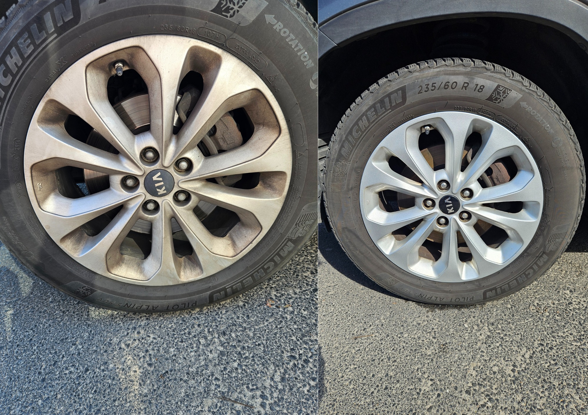 Porównanie czystego i brudnego koła samochodowego marki KIA z oponami Michelin Pilot Alpin 5 SUV w rozmiarze 235/60R18