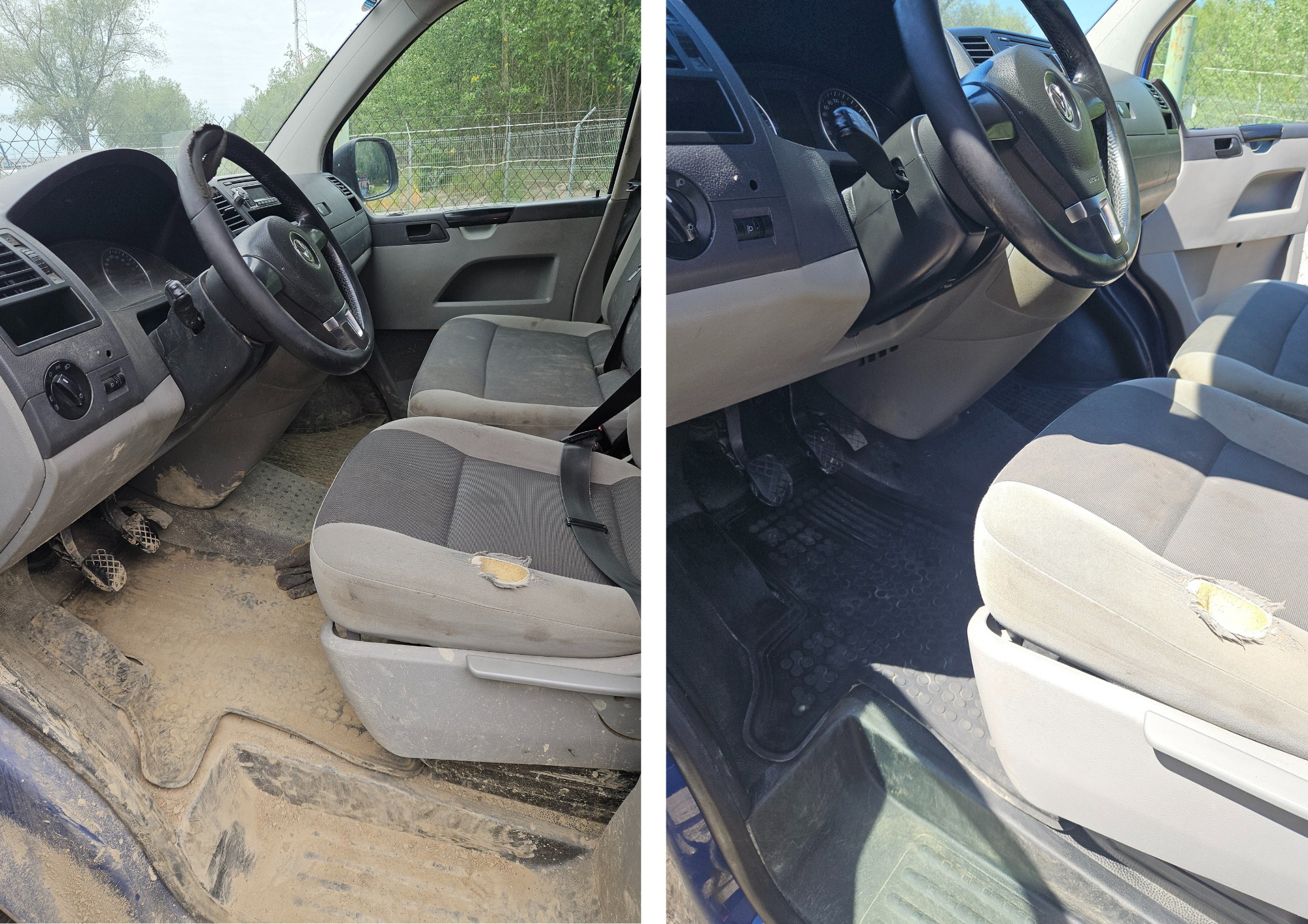 Wnętrze bardzo brudnego busa przed czyszczeniem: zniszczone fotele z dziurami, błoto na podłodze, widoczne pedały i kierownica.