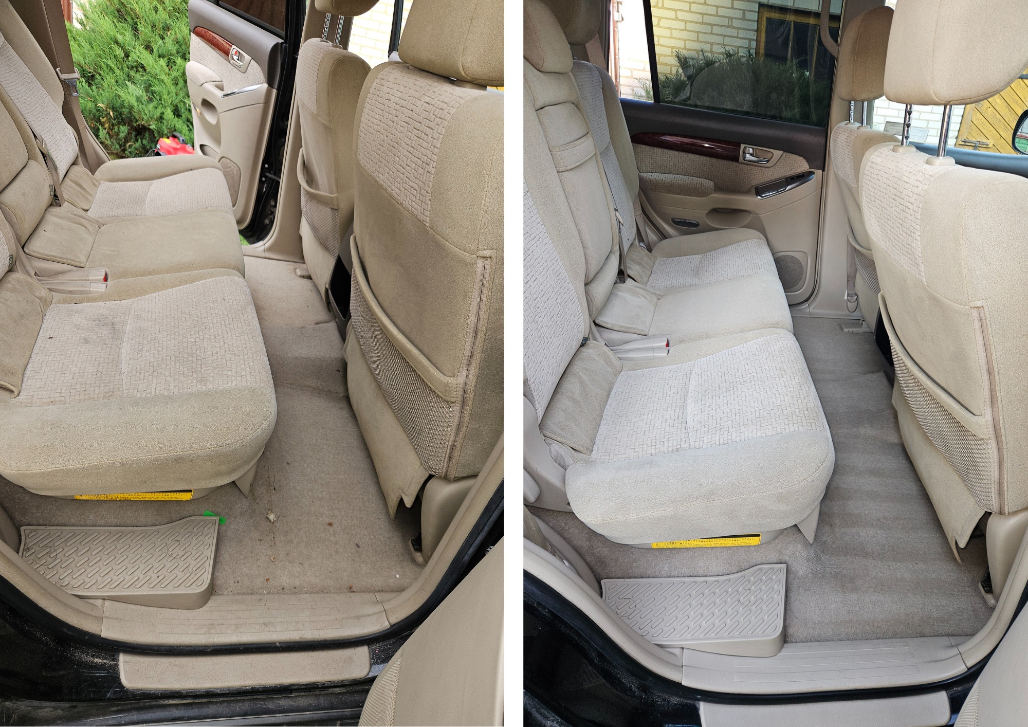 Porównanie tylnych siedzeń samochodu przed i po czyszczeniu tapicerki, widoczne różnice w czystości dywaników i siedzeń.