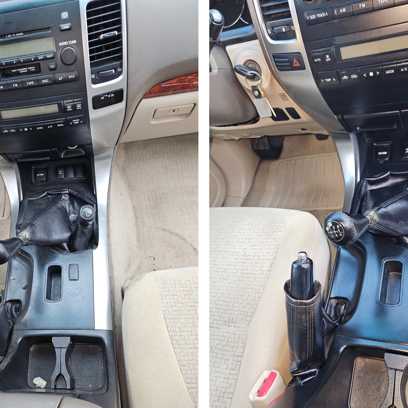 Porównanie wnętrza samochodu przed i po czyszczeniu: widoczna różnica w czystości konsoli środkowej, fotela pasażera i dywaników.