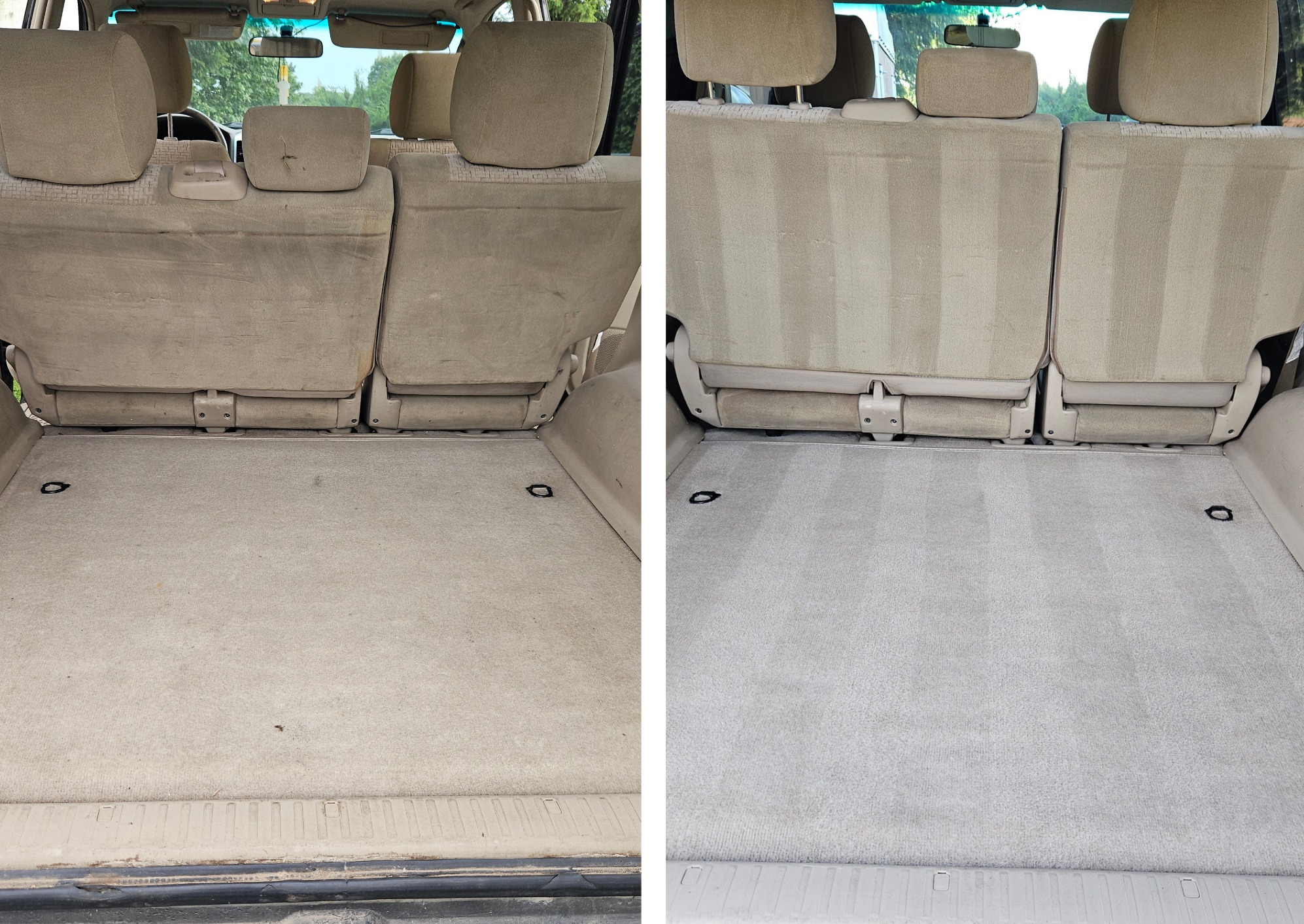 Przed i po: Porównanie czyszczenia tapicerki bagażnika i tylnych siedzeń samochodu SUV, widoczne wyraźne różnice w czystości i odświeżonym wyglądzie