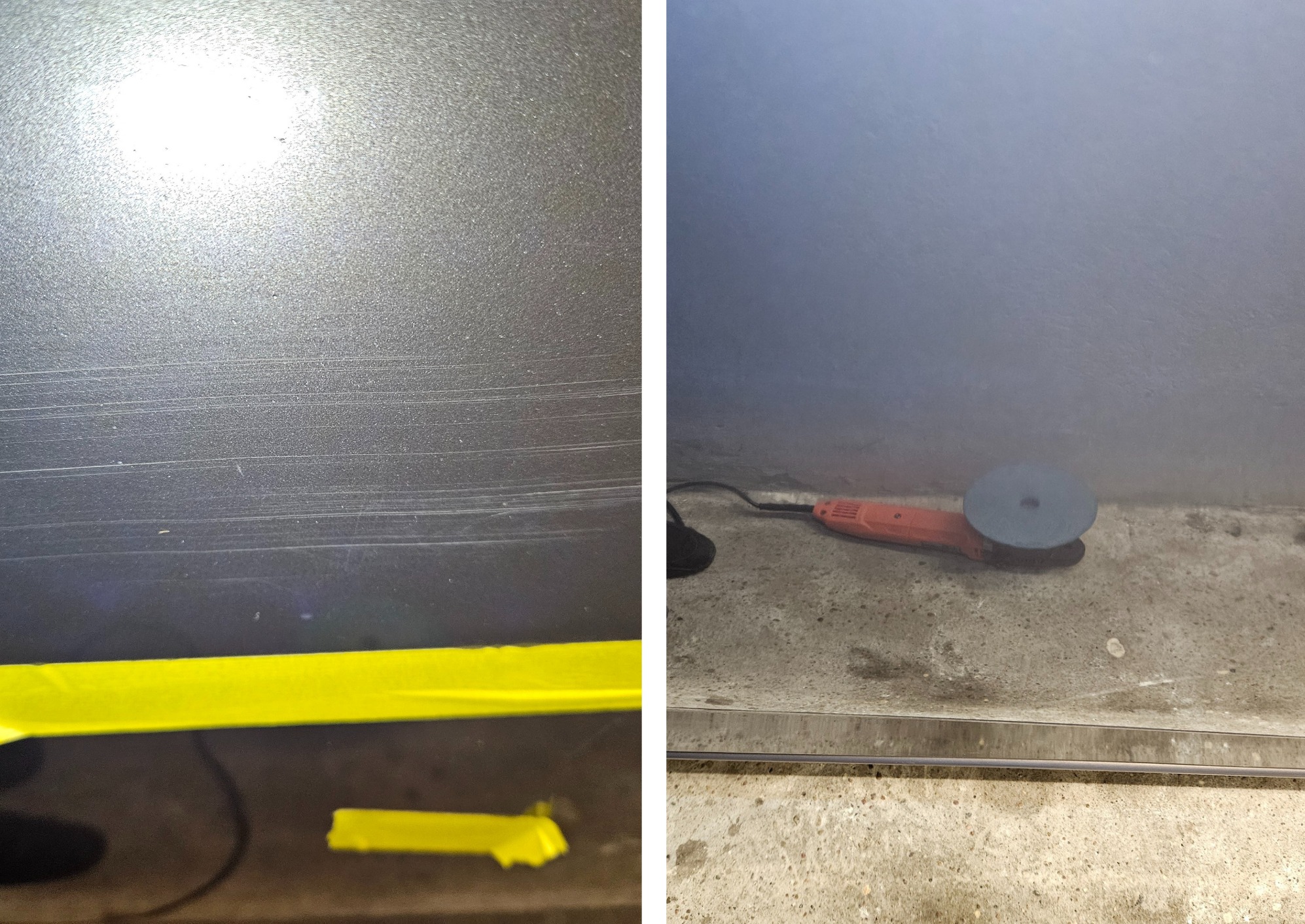 Polerowanie lakieru samochodowego: widoczne rysy na ciemnym lakierze, zabezpieczone żółtą taśmą, obok polerka na betonowej posadzce.