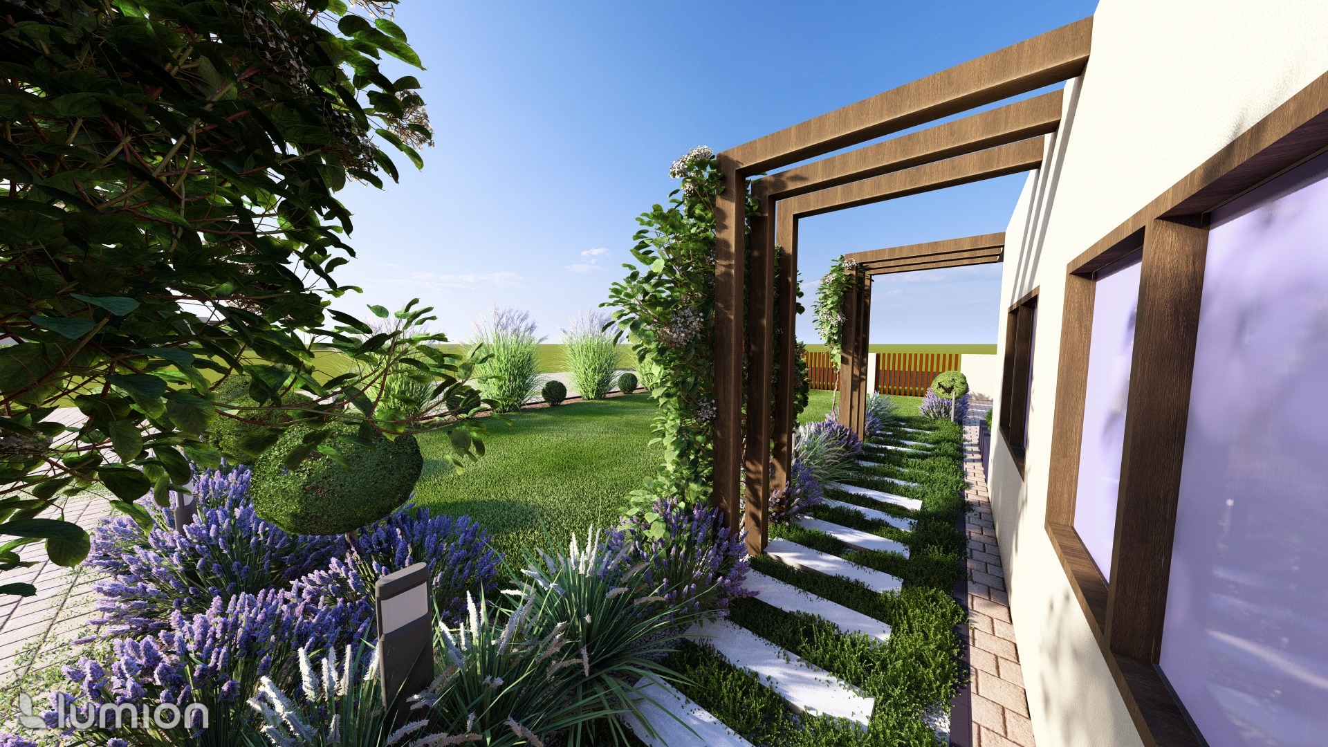 Wizualizacja ogrodu z drewnianą pergolą, ścieżką z płyt, rabatami lawendy i kulistymi krzewami na trawniku.