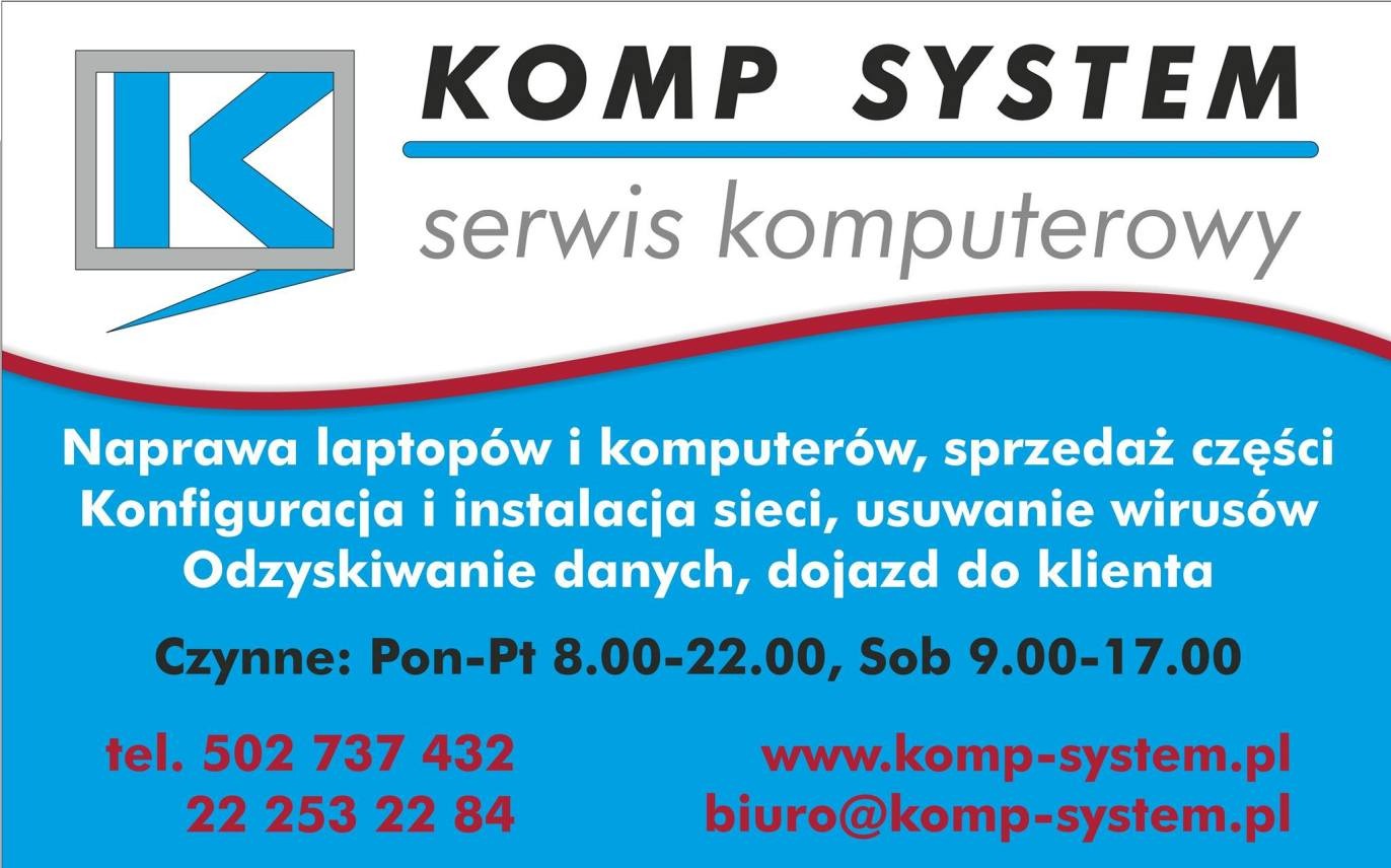 Reklama firmy Komp System: logo, nazwa, zakres usług (naprawa komputerów, konfiguracja sieci, odzyskiwanie danych), dane kontaktowe i godziny otwarcia.