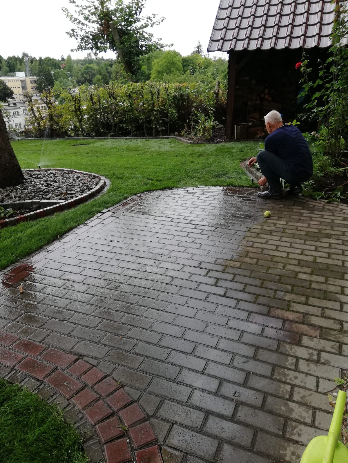 Mężczyzna w kucki przy mokrej kostce brukowej w ogrodzie, obok leży zielona piłka tenisowa, w tle trawnik z systemem nawadniania i budynek.