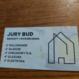 Wizytówka firmy remontowo-wykończeniowej Jury Bud z listą usług: malowanie, gładzie, zabudowy K.G., glazura i elektryka, obok stylizowany rysunek domu.