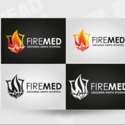 Prezentacja czterech wariantów logo 'Firemed Szkolenia Grupa Sporting' z motywem płomienia i linii EKG, w wersjach kolorowych i monochromatycznych na podzielonym tle w odcieniach bieli i czerni.