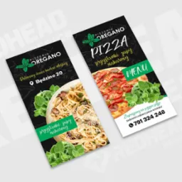 Dwa projekty graficzne ulotek restauracji włoskiej 'Oregano' z motywami pizzy, makaronu i świeżych ziół, na czarnym i białym tle.