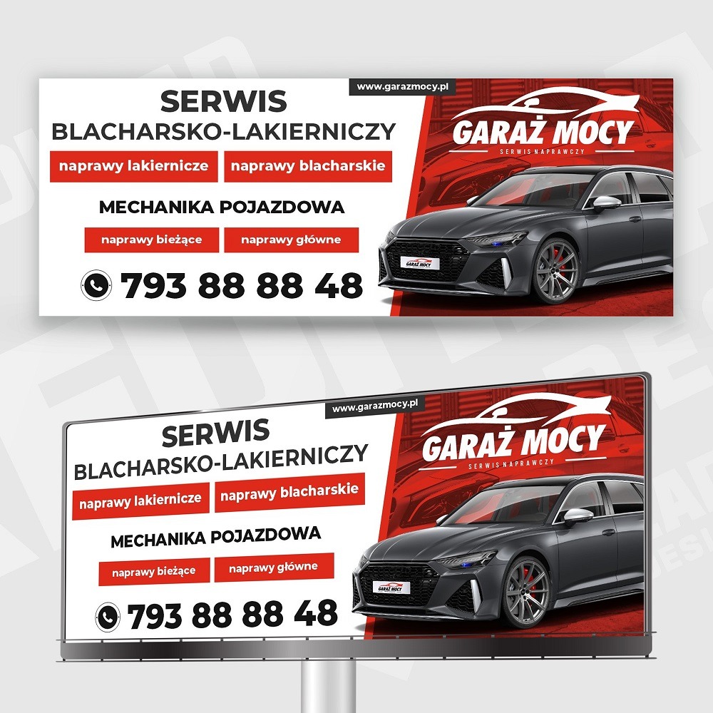 Projekt baneru reklamowego serwisu blacharsko-lakierniczego z wizualizacją szarego samochodu kombi i danymi kontaktowymi