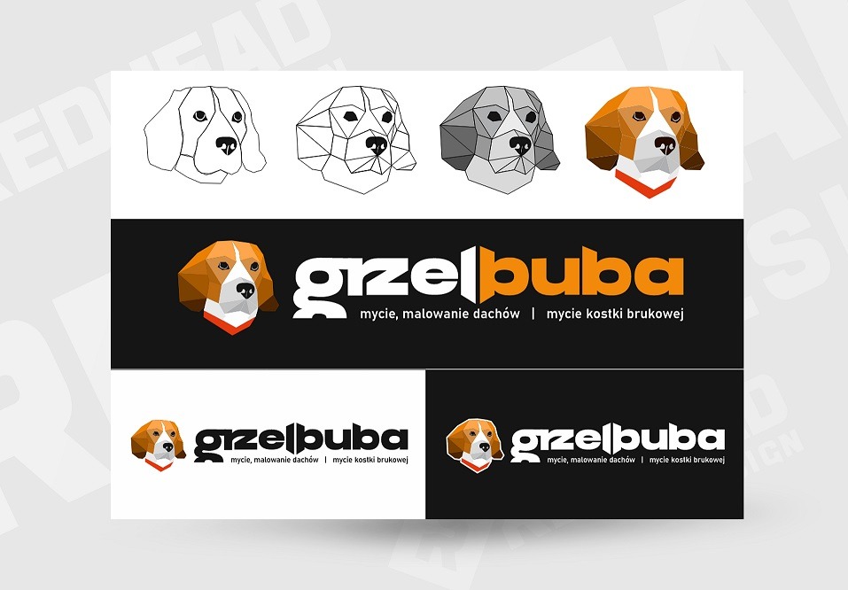 Projekt logo firmy sprzątającej dachy i kostkę brukową, przedstawiający głowę psa rasy beagle w kilku wariantach: szkic, wersja low-poly szara, wersja low-poly kolorowa, oraz logo z nazwą firmy...
