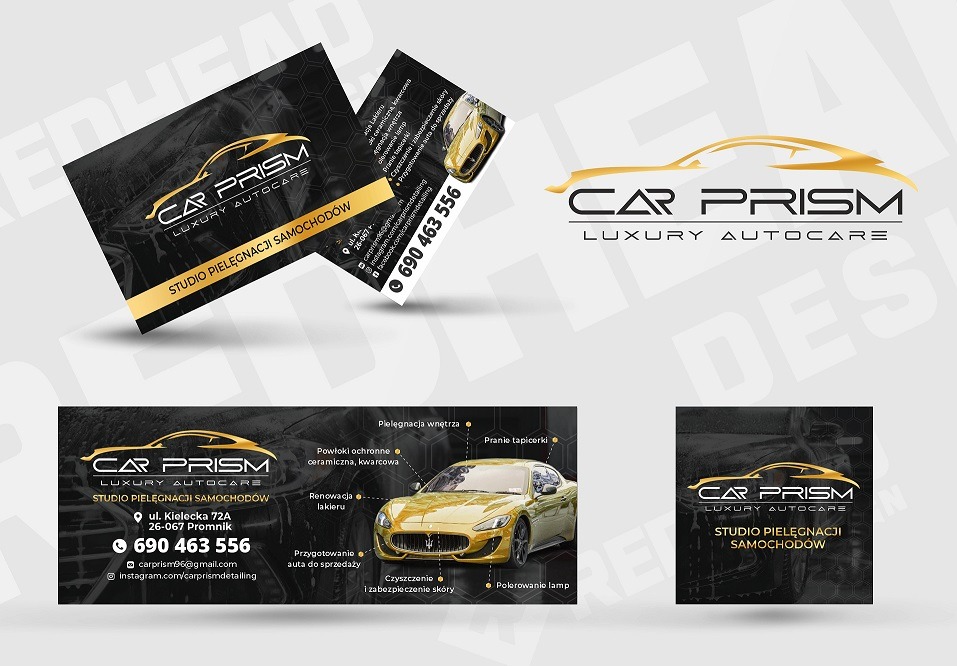 Kompozycja wizualizacji firmy Car Prism Luxury Autocare prezentująca wizytówki, baner reklamowy z samochodem Maserati w złotym kolorze oraz logo.