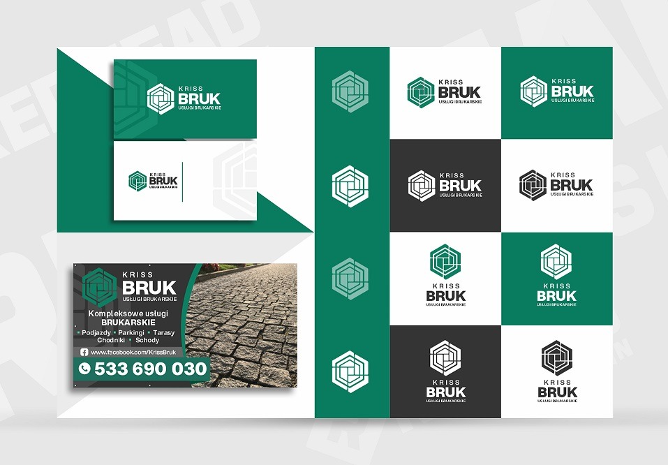 Projekt identyfikacji wizualnej firmy brukarskiej: wizytówka, baner reklamowy i różne warianty logo na białym tle.