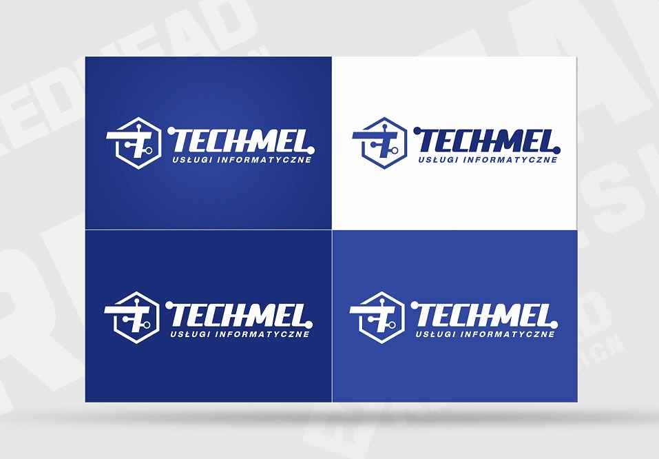 Prezentacja logo firmy Techmel dla usług informatycznych w czterech wariantach kolorystycznych: białe logo na granatowym tle i granatowe logo na białym tle.