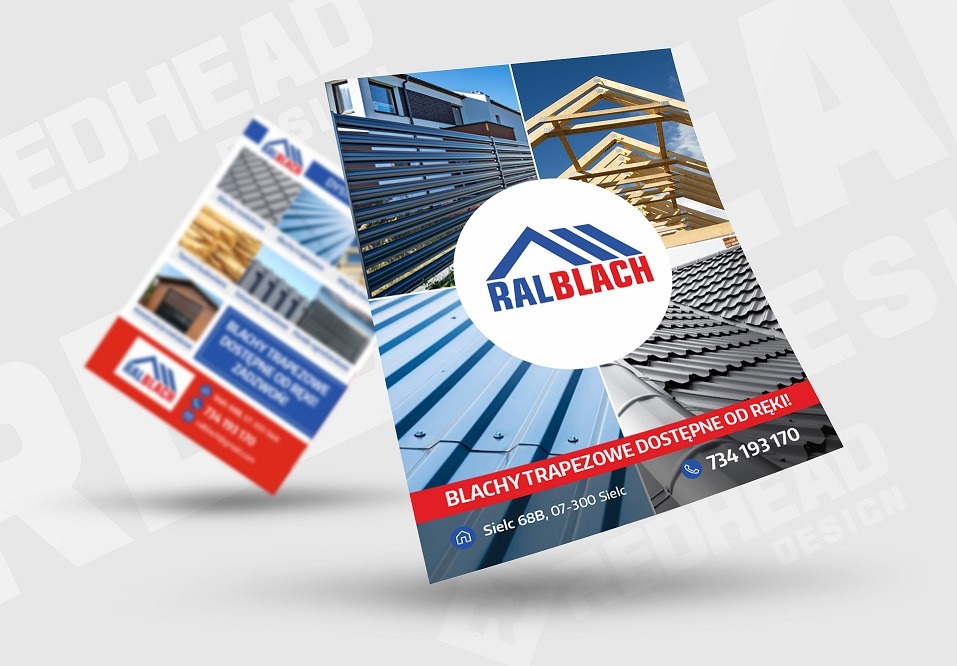 Dwie ulotki reklamowe z różnymi ujęciami blach trapezowych, dachów i konstrukcji dachowych, z logo firmy RALBLACH i danymi kontaktowymi, na szarym tle z efektem cienia.