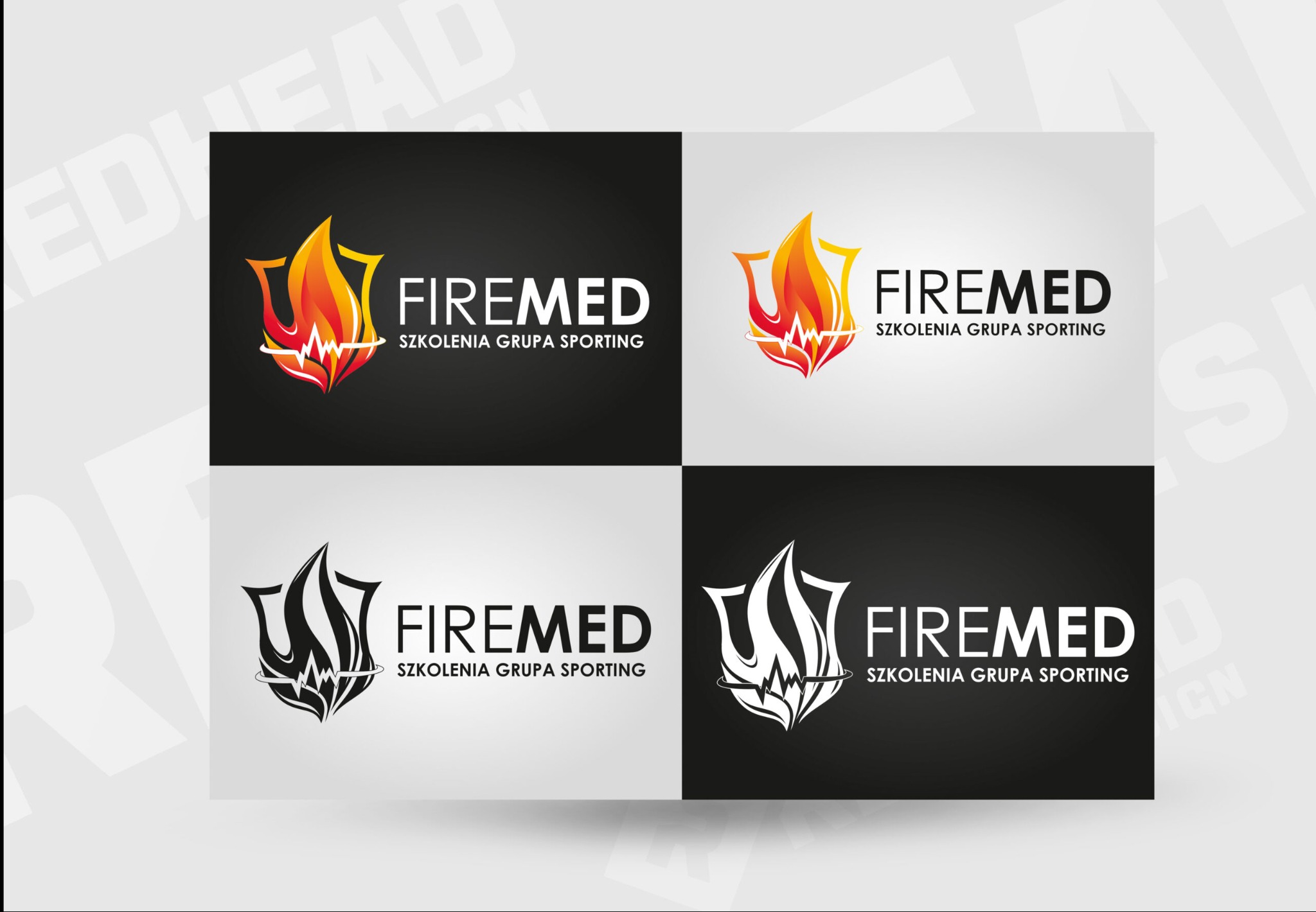 Prezentacja czterech wariantów logo 'Firemed Szkolenia Grupa Sporting' z motywem płomienia i linii EKG, w wersjach kolorowych i monochromatycznych na podzielonym tle w odcieniach bieli i czerni.