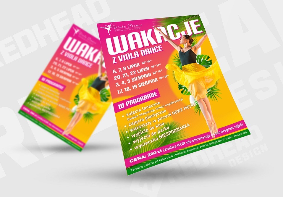 Dwa egzemplarze ulotki reklamującej wakacyjne zajęcia taneczne Viola Dance, z tancerką w żółtej spódnicy na tle tropikalnych liści i harmonogramu zajęć.