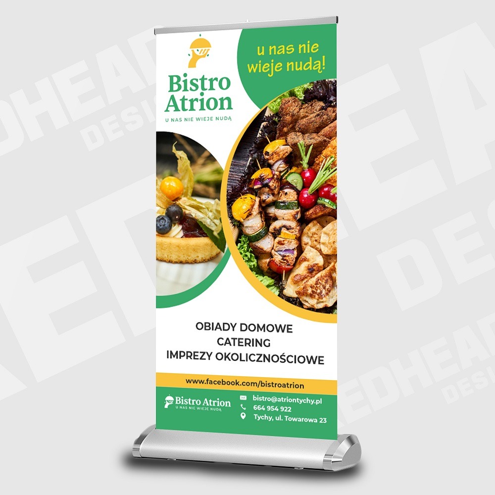 Roll-up reklamowy Bistro Atrion z Tychów prezentujący ofertę obiadową, cateringową i imprezy okolicznościowe, z apetycznymi zdjęciami potraw: tartaletki z owocami i szaszłyków.