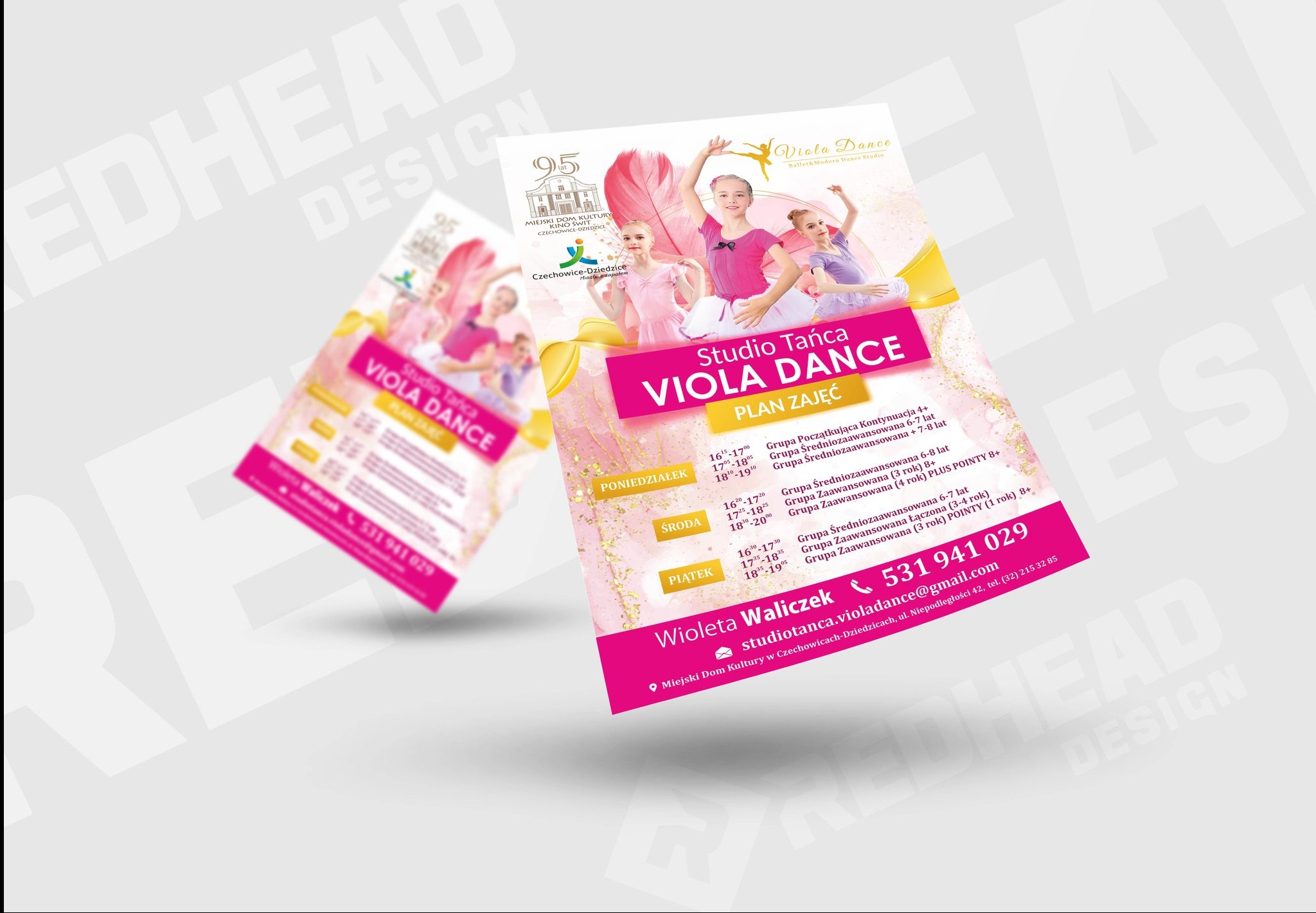 Dwa egzemplarze ulotki reklamowej szkoły tańca Viola Dance, z informacjami o planie zajęć, godzinach i grupach wiekowych, na białym tle.