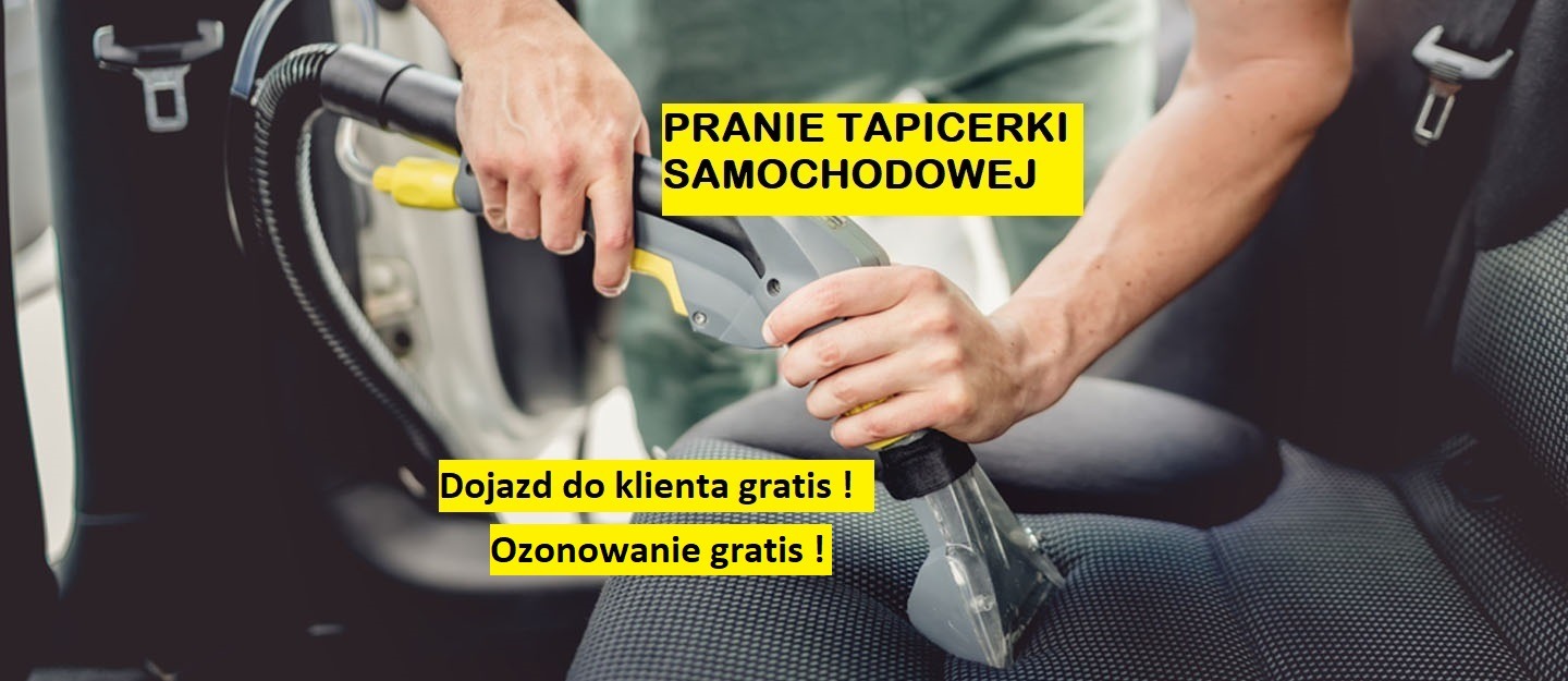 Czyszczenie fotela samochodowego przy użyciu odkurzacza piorącego z żółtymi elementami, widoczna struktura tapicerki i pas bezpieczeństwa.