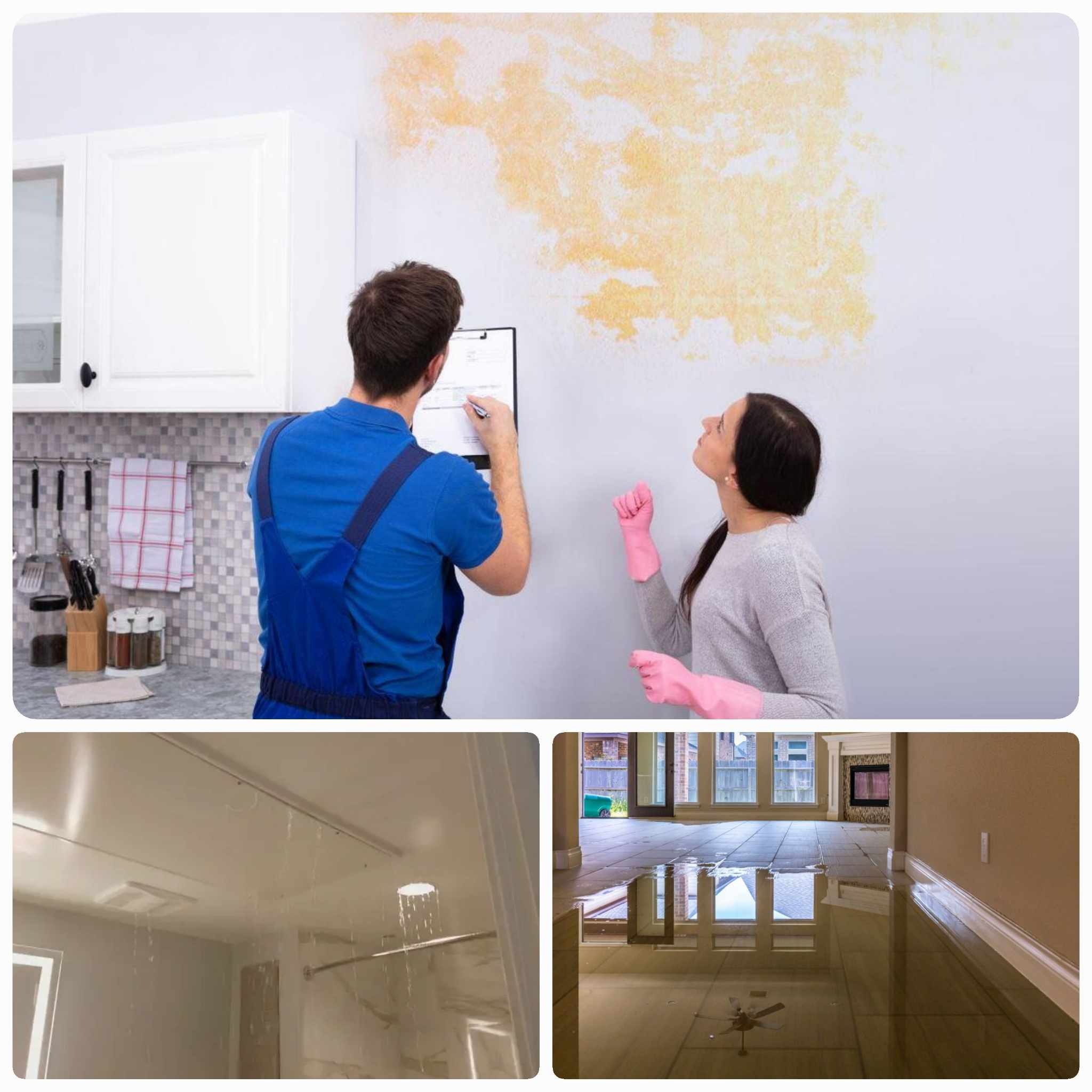 Mężczyzna w niebieskim kombinezonie ocenia uszkodzenia po zalaniu na ścianie z widocznymi plamami, podczas gdy kobieta w różowych rękawicach obserwuje. Dodatkowe ujęcia przedstawiają wyciekającą...