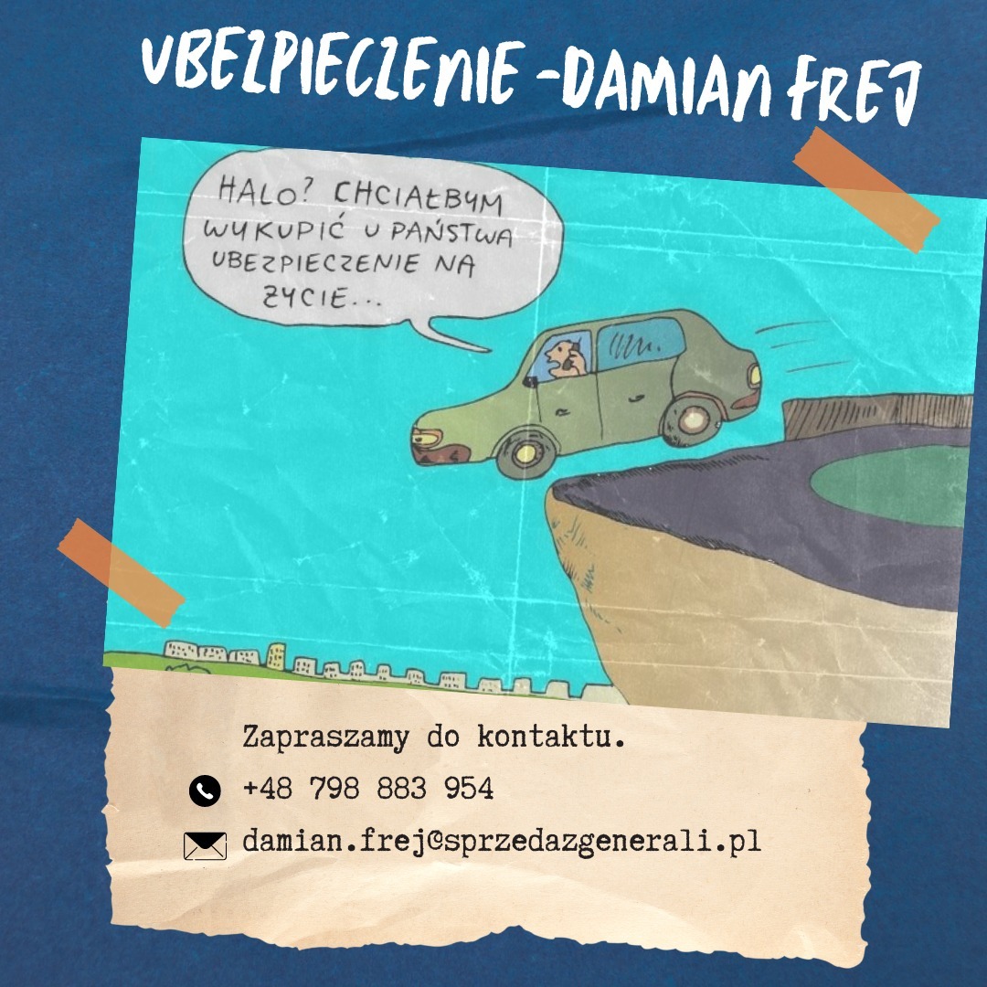 Ręcznie rysowana ilustracja przedstawiająca samochód z kierowcą w kształcie wiewiórki, który wjeżdża w przepaść, z dymkiem dialogowym 'Halo? Chciałbym wykupić u Państwa ubezpieczenie na życie...'...