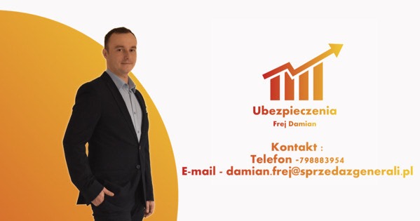 Portret doradcy w garniturze na tle z logo firmy ubezpieczeniowej oraz danymi kontaktowymi.