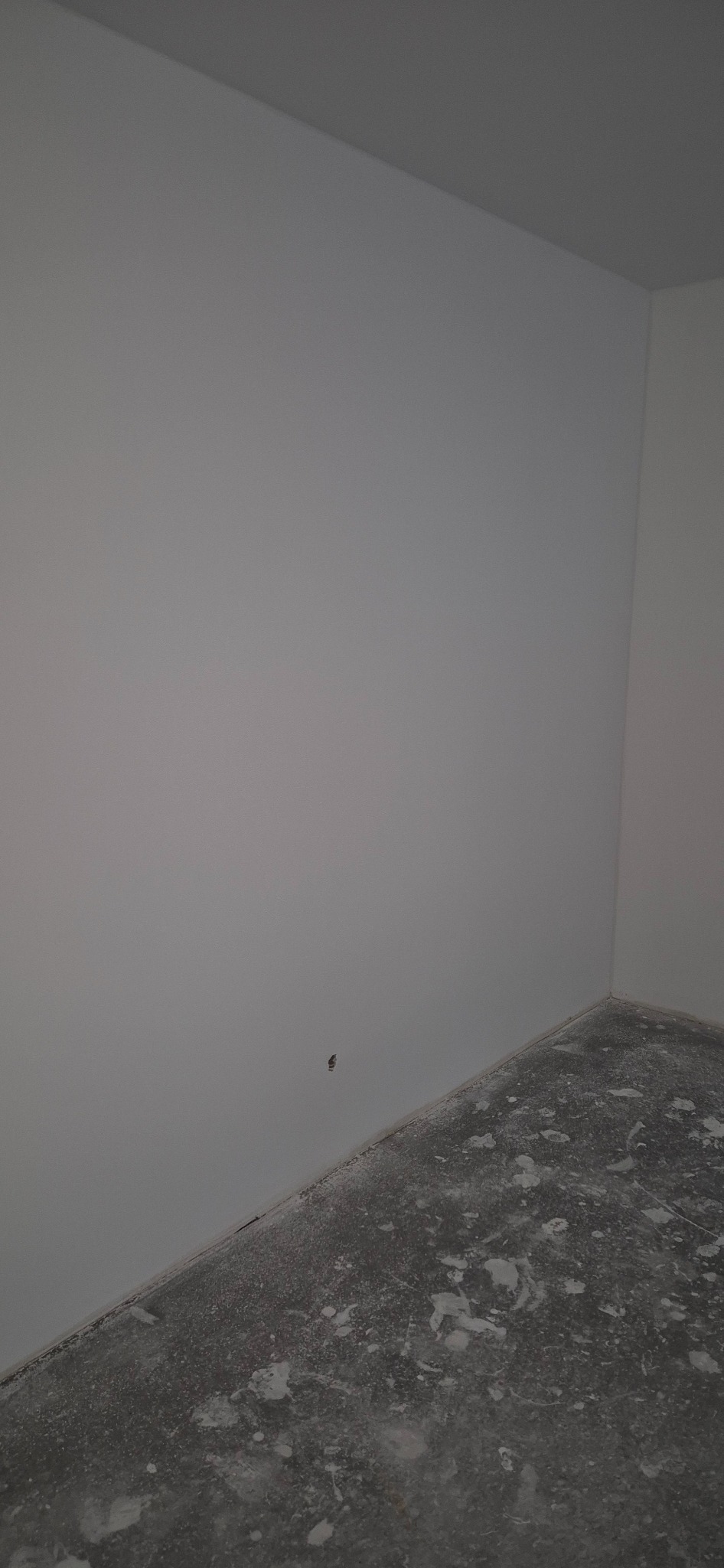 Świeżo wykończony róg pokoju z gładką, pomalowaną na szaro ścianą i betonową podłogą pokrytą plamami farby lub gipsu.