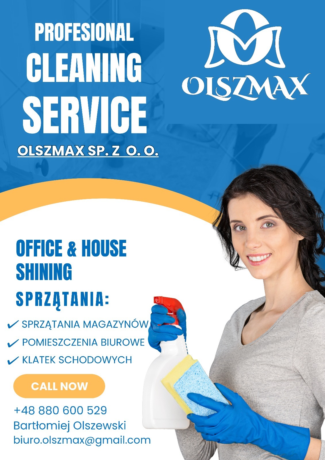 Profesjonalna usługa sprzątania Olszmax: magazyny, biura, klatki schodowe. Uśmiechnięta kobieta z płynem i gąbką, kontakt telefoniczny i e-mail.