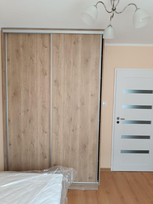 Zamknięta, dwudrzwiowa szafa przesuwna z drewnopodobnymi frontami i srebrnymi obramowaniami, obok białe drzwi z poziomymi przeszkleniami, w pokoju z lampą sufitową.